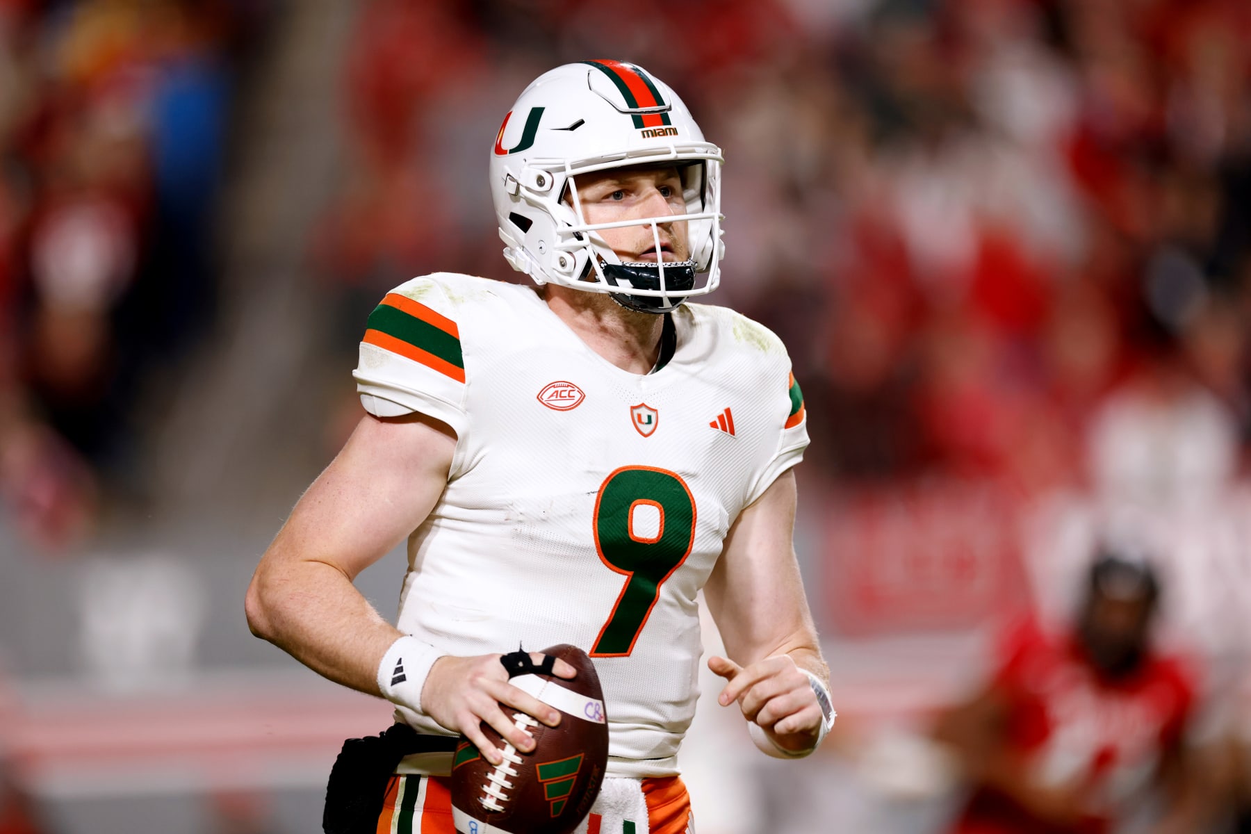 RALEIGH, NORTH CAROLINA - NOVEMBER 4: Tyler Van Dyke #9 of the Miami Hurricanes looks to pass against the NC State Wolfpack at Carter-Finley Stadium on November 4, 2023 in Raleigh, North Carolina. NC State won 20-6. (Photo by Lance King/Getty Images)