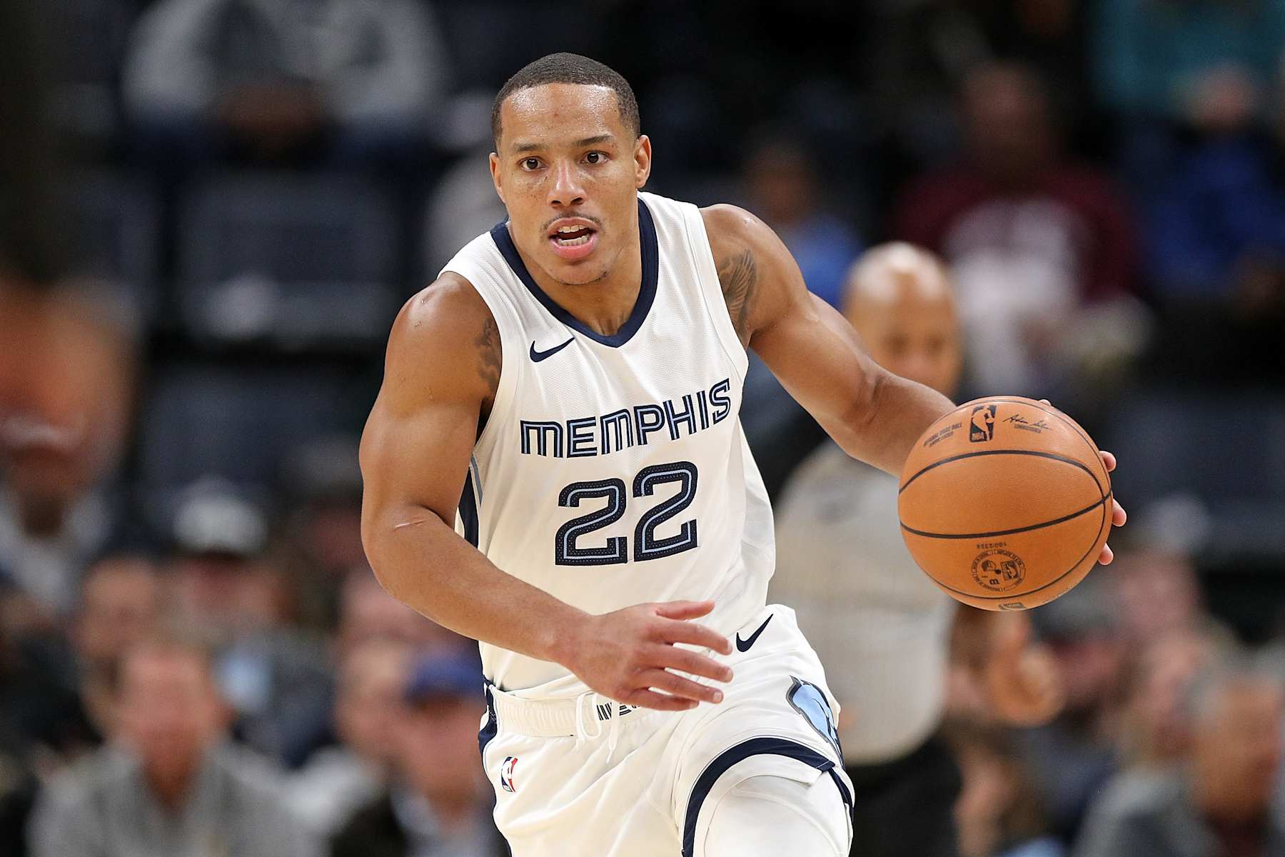 MEMPHIS, TENNESSEE - NOVEMBER 29: Desmond Bane #22 of the Memphis Grizzlies brings the ball up court during the game against the Utah Jazz at FedExForum on November 29, 2023 in Memphis, Tennessee. NOTE TO USER: User expressly acknowledges and agrees that, by downloading and or using this photograph, User is consenting to the terms and conditions of the Getty Images License Agreement.  (Photo by Justin Ford/Getty Images)