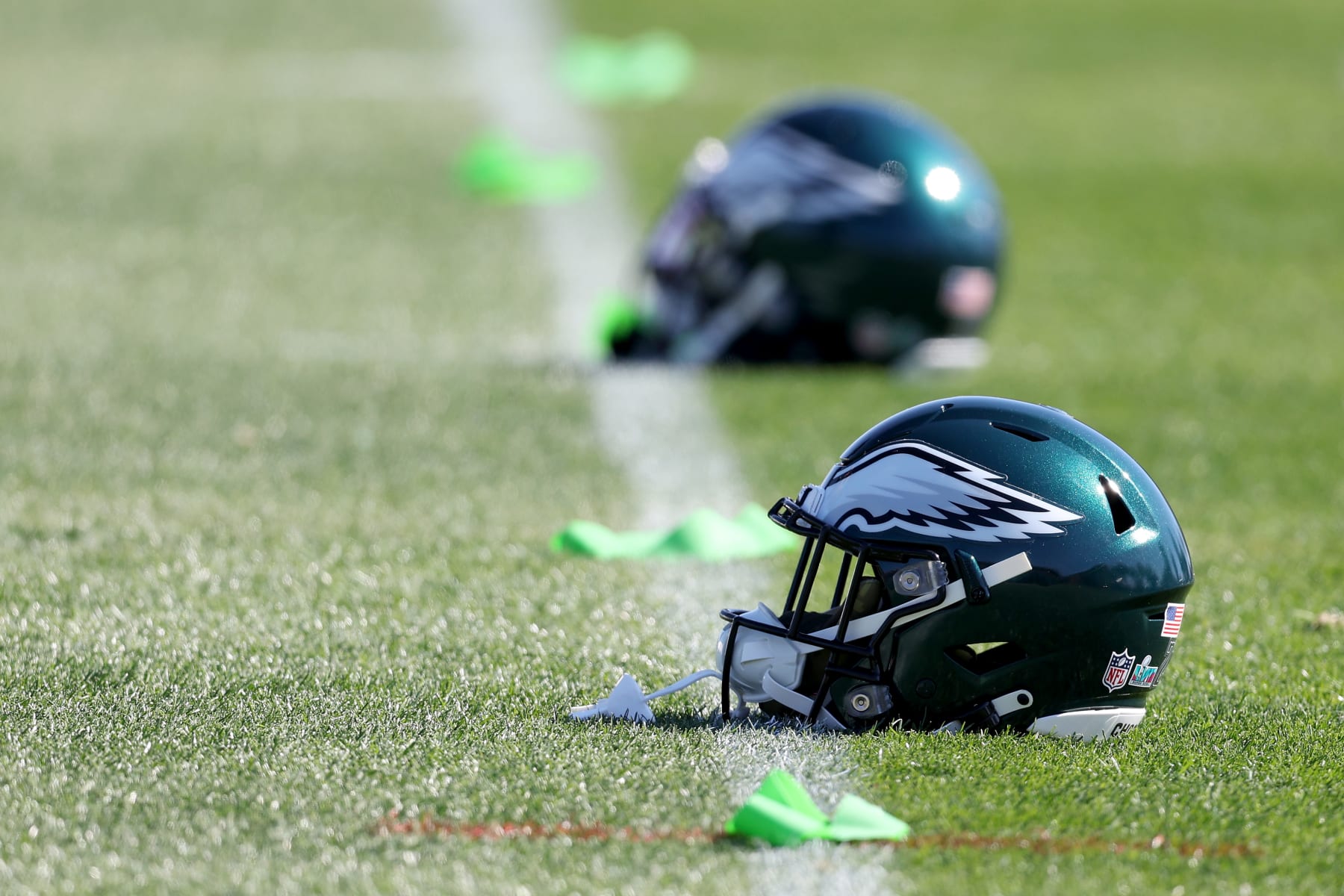 TEMPE, ARIZONA - FEBRUARY 09: A detailed view of a Philadelphia Eagles helmet lays on the field in a practice session prior to Super Bowl LVII at Arizona Cardinals Training Center on February 09, 2023 in Tempe, Arizona. The Kansas City Chiefs play the Philadelphia Eagles in Super Bowl LVII on February 12, 2023 at State Farm Stadium. (Photo by Rob Carr/Getty Images)