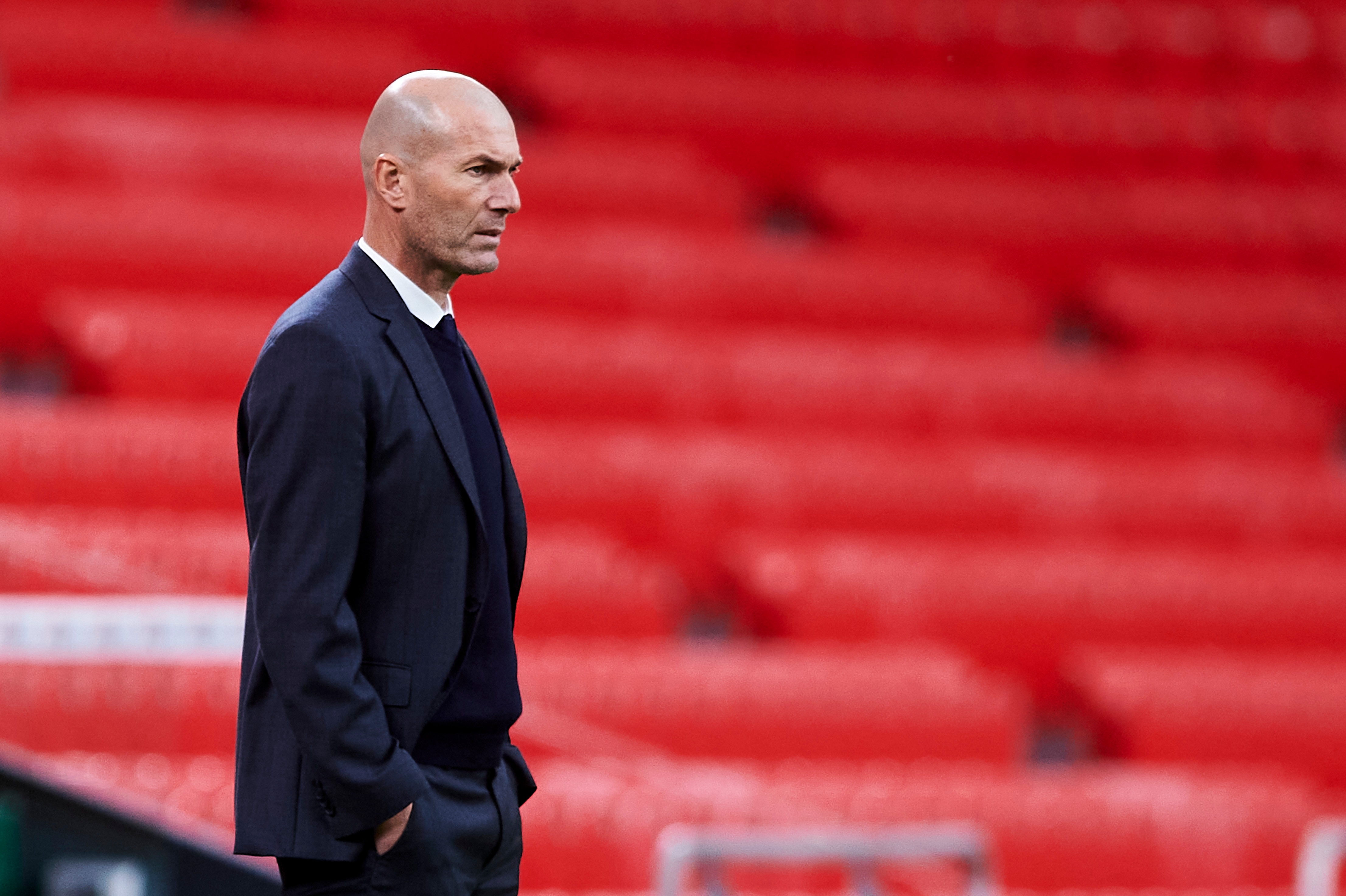 BILBAO, SPAIN - MAY 16: Head coach Zinedine Zidane of Real Madrid reacts during the La Liga Santander match between Athletic Club and Real Madrid at Estadio de San Mames on May 16, 2021 in Bilbao, Spain. (Photo by Juan Manuel Serrano Arce/Getty Images)