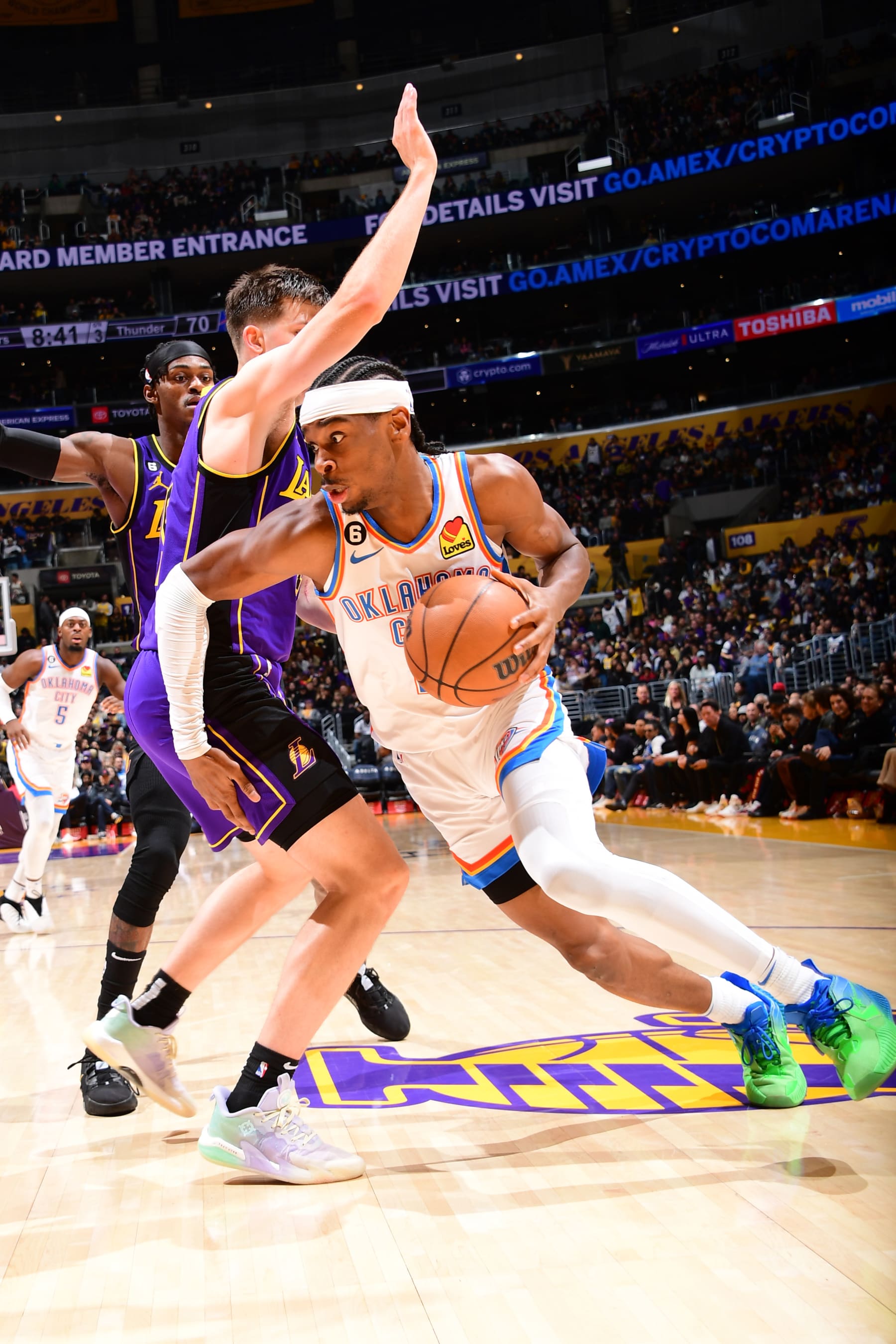 LOS ANGELES, CA - MARCH 24:  Shai Gilgeous-Alexander #2 of the Oklahoma City Thunder goes to the basket during the game on March 24, 2023 at Crypto.Com Arena in Los Angeles, California. NOTE TO USER: User expressly acknowledges and agrees that, by downloading and/or using this Photograph, user is consenting to the terms and conditions of the Getty Images License Agreement. Mandatory Copyright Notice: Copyright 2023 NBAE (Photo by Adam Pantozzi/NBAE via Getty Images)