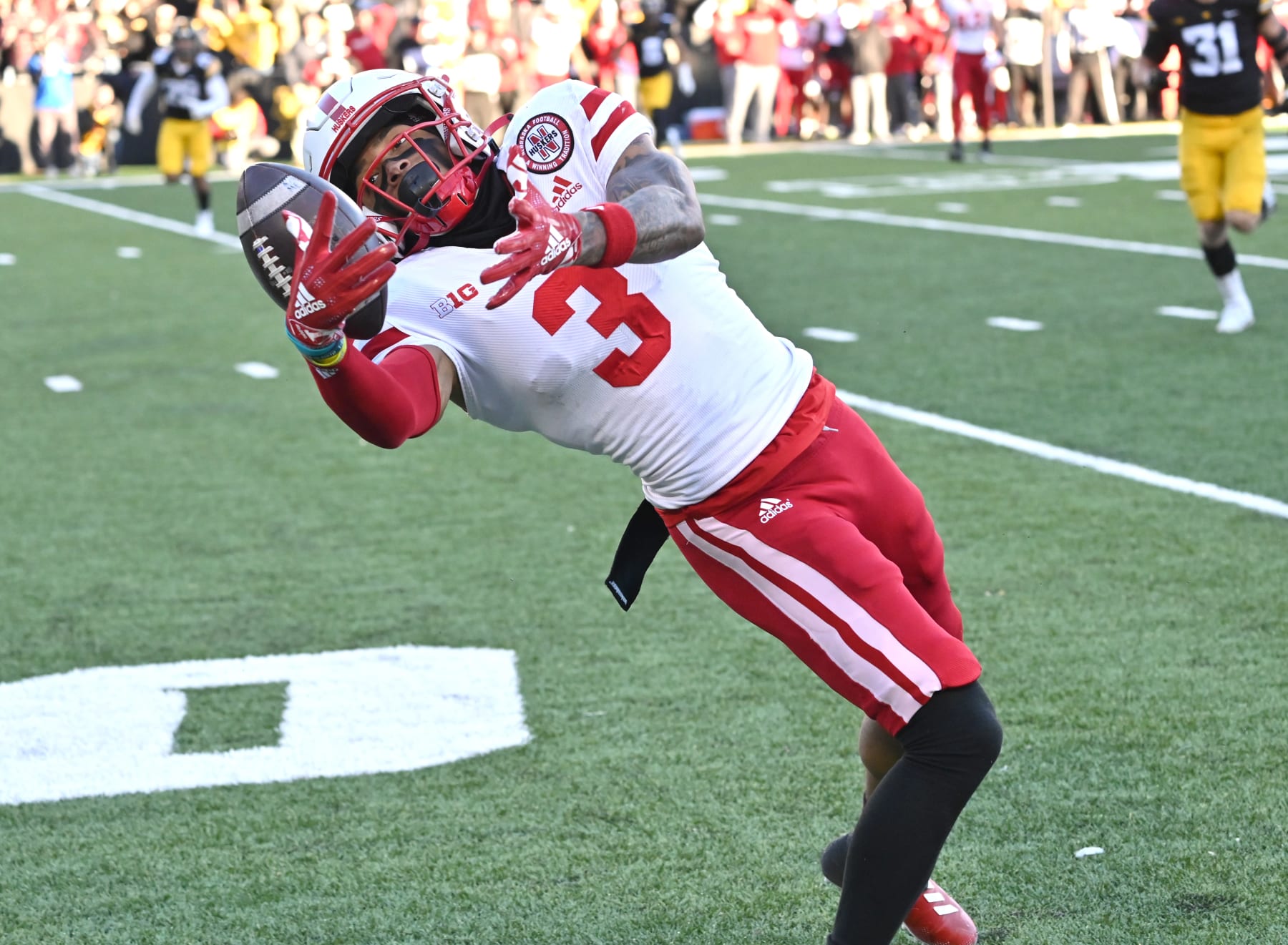 IOWA CITY, IA - NOVEMBER 25: Nebraska wide receiver Trey Palmer (3) can't hang on to a pass near the goal line during a college football game between the Nebraska Cornhuskers and the Iowa Hawkeyes on November 25, 2022, at Kinnick Stadium in Iowa City, IA. (Photo by Keith Gillett/Icon Sportswire via Getty Images)