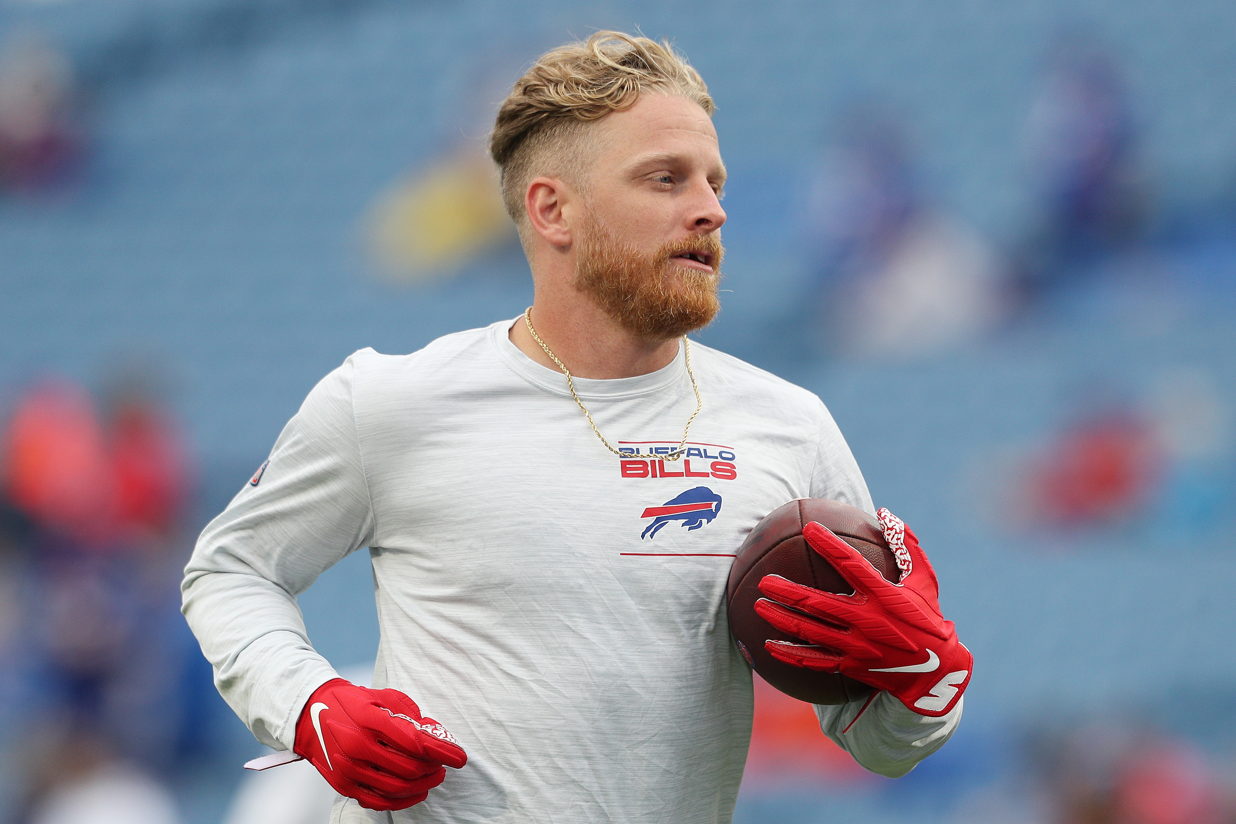 ORCHARD PARK, NEW YORK - OCTOBER 03: Cole Beasley #11 of the Buffalo Bills warms up prior to a game against the Houston Texans at Highmark Stadium on October 03, 2021 in Orchard Park, New York. (Photo by Bryan M. Bennett/Getty Images)