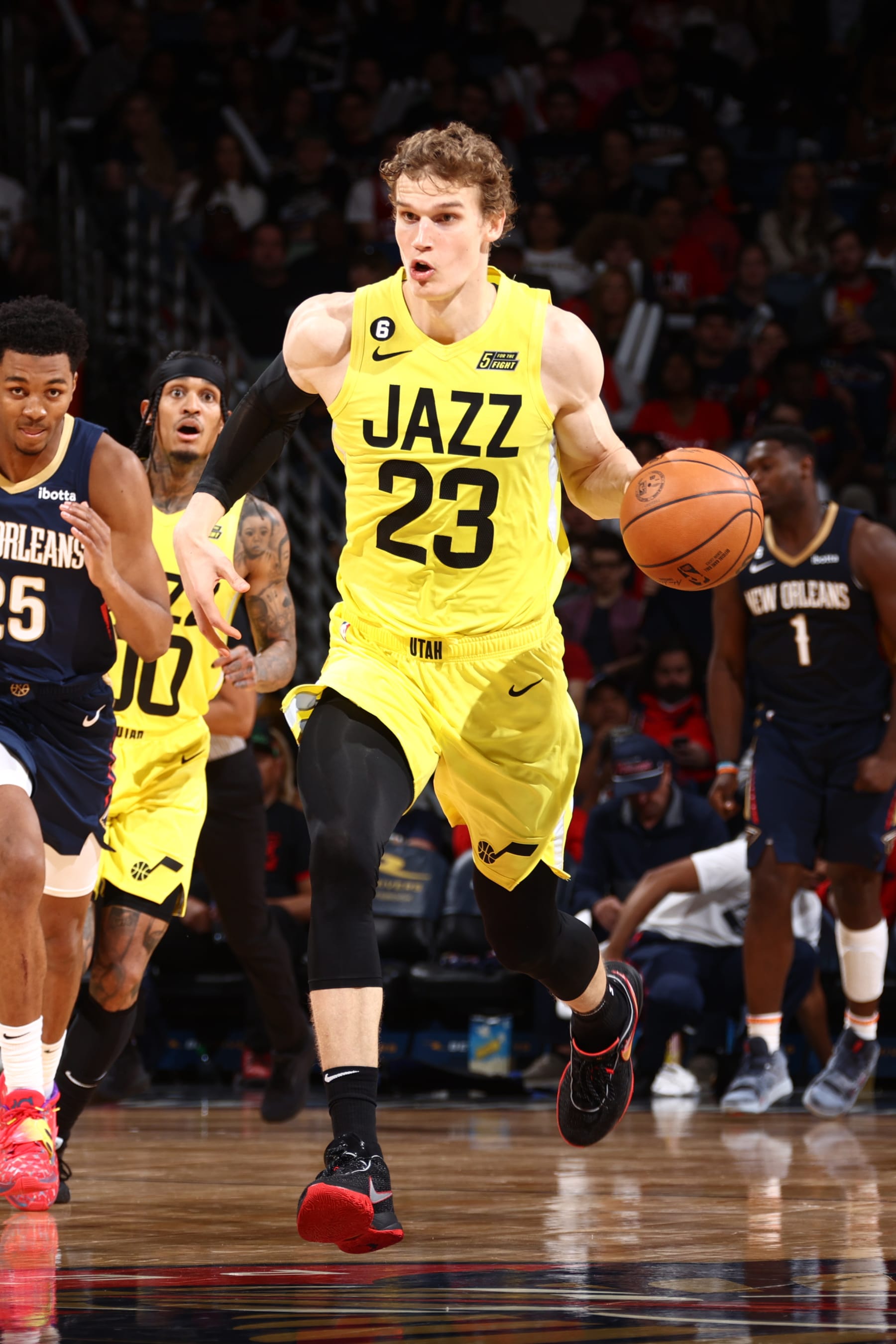 NEW ORLEANS, LA - OCTOBER 23: Lauri Markkanen #23 of the Utah Jazz drives to the basket during the game against the New Orleans Pelicans on October 23, 2022 at the Smoothie King Center in New Orleans, Louisiana. NOTE TO USER: User expressly acknowledges and agrees that, by downloading and or using this Photograph, user is consenting to the terms and conditions of the Getty Images License Agreement. Mandatory Copyright Notice: Copyright 2022 NBAE (Photo by Ned Dishman/NBAE via Getty Images)