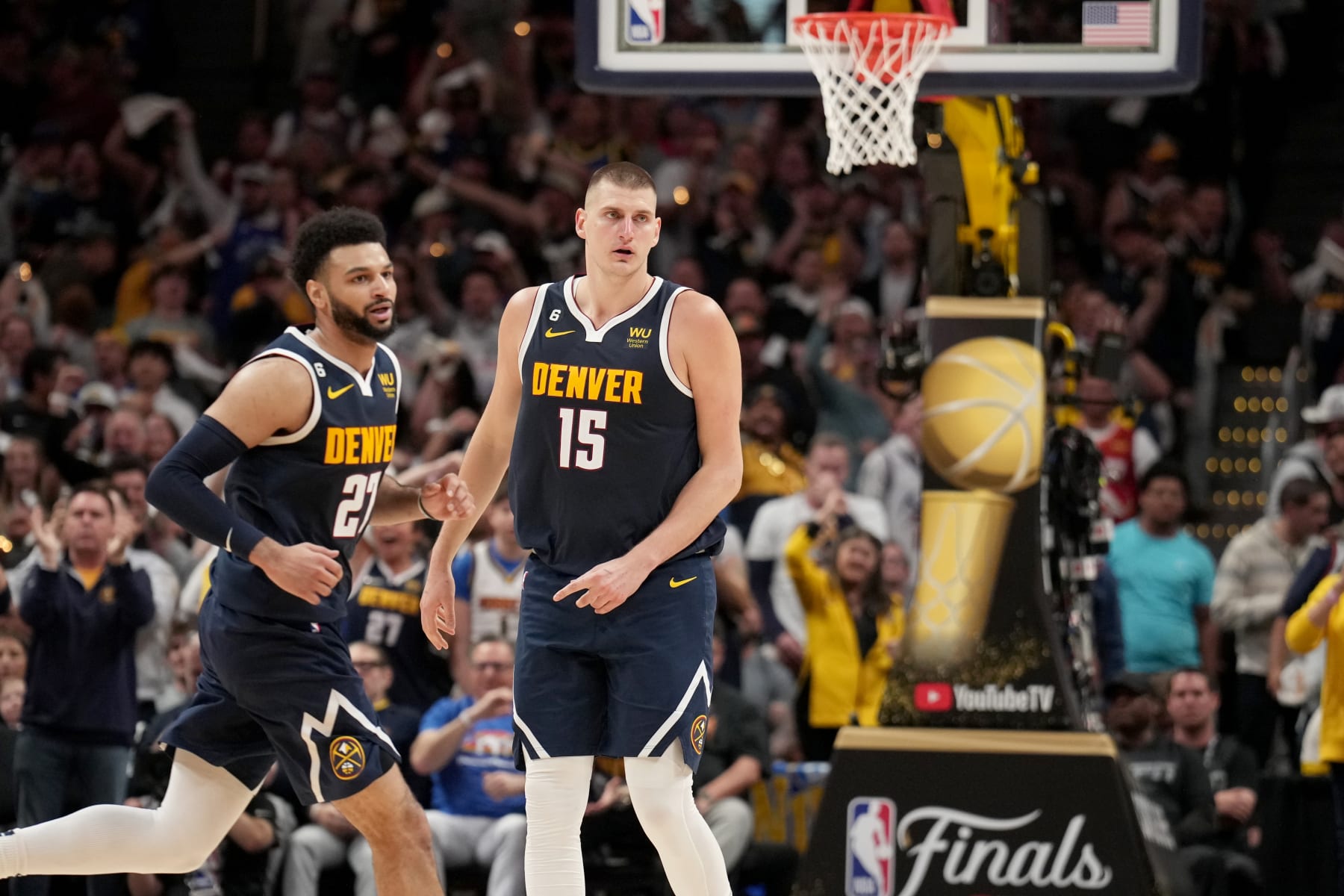 DENVER, CO - JUNE 4: Nikola Jokic #15 of the Denver Nuggets looks on during Game Two of the 2023 NBA Finals on June 4, 2023 at the Ball Arena in Denver, Colorado. NOTE TO USER: User expressly acknowledges and agrees that, by downloading and/or using this Photograph, user is consenting to the terms and conditions of the Getty Images License Agreement. Mandatory Copyright Notice: Copyright 2023 NBAE (Photo by Jesse D. Garrabrant/NBAE via Getty Images)