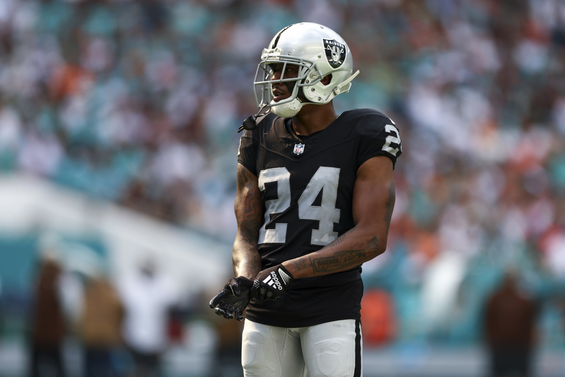 MIAMI GARDENS, FL - NOVEMBER 19: Marcus Peters #24 of the Las Vegas Raiders looks on during an NFL football game against the Miami Dolphins at Hard Rock Stadium on November 19, 2023 in Miami Gardens, Florida. (Photo by Kevin Sabitus/Getty Images)