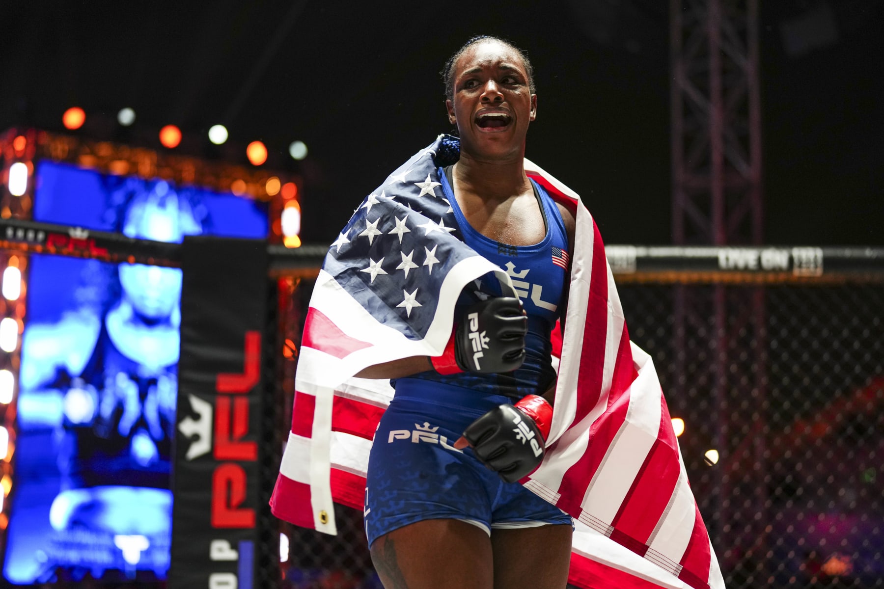 RIYADH, SAUDI ARABIA - FEBRUARY 24: Claressa Shields celebrates after defeating Kelsey De Santis during the 2024 PFL vs Bellator: Champs event at Kingdom Arena on February 24, 2024 in Riyadh. (Photo by Cooper Neill/Getty Images)