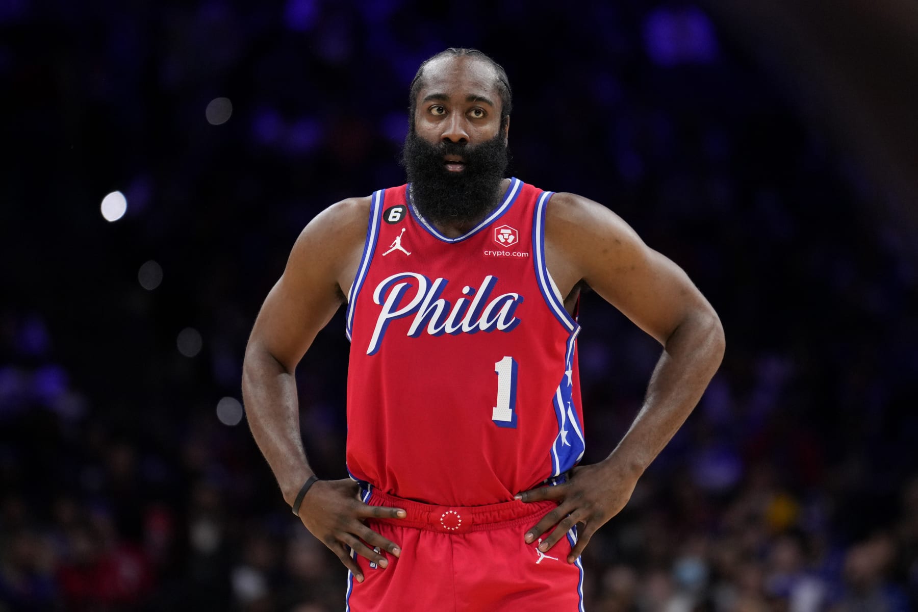 PHILADELPHIA, PA - DECEMBER 16: James Harden #1 of the Philadelphia 76ers looks on during the game against the Golden State Warriors on December 16, 2022 at the Wells Fargo Center in Philadelphia, Pennsylvania NOTE TO USER: User expressly acknowledges and agrees that, by downloading and/or using this Photograph, user is consenting to the terms and conditions of the Getty Images License Agreement. Mandatory Copyright Notice: Copyright 2022 NBAE (Photo by Jesse D. Garrabrant/NBAE via Getty Images)