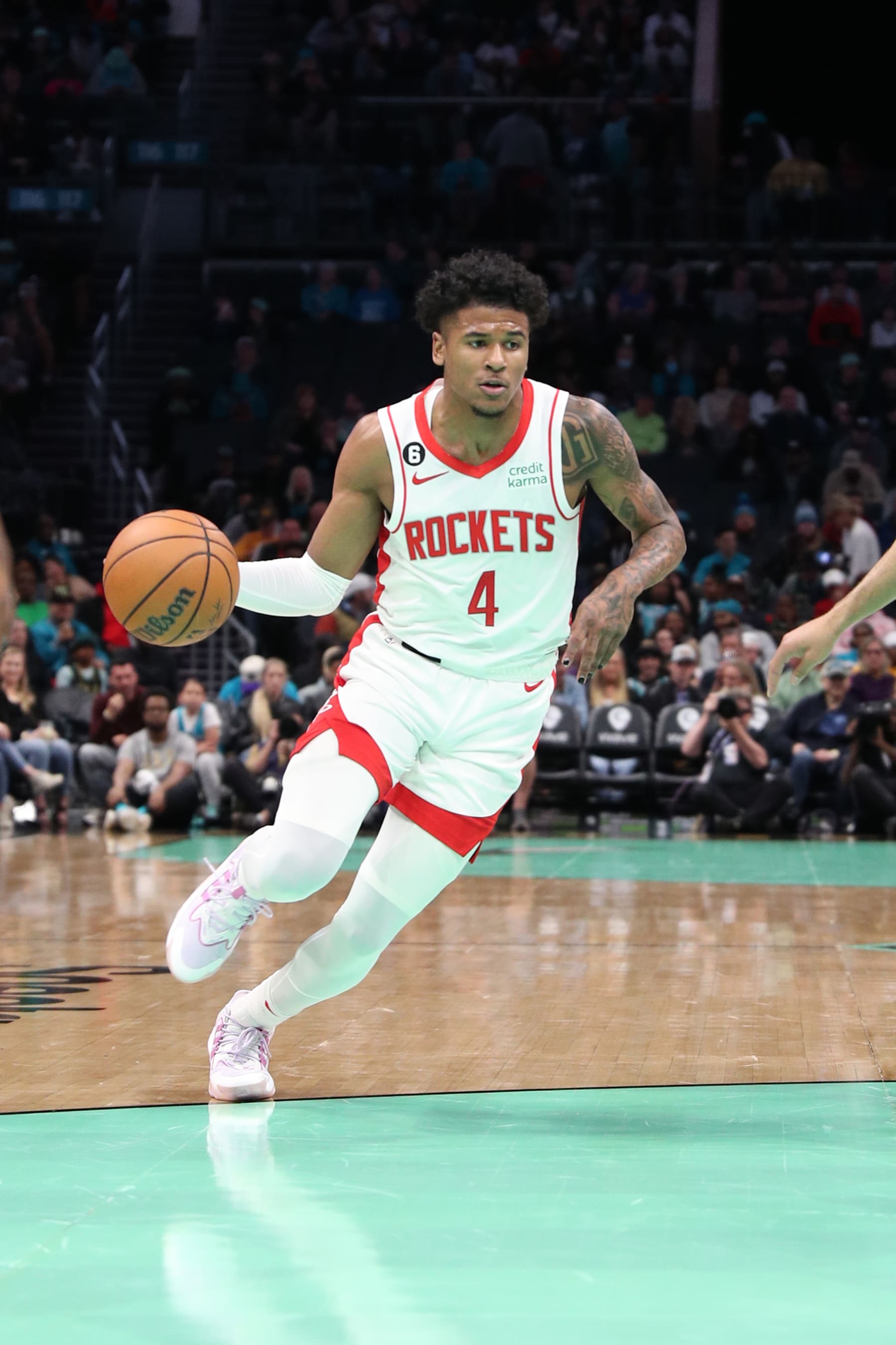 CHARLOTTE, NC - APRIL 7:  Jalen Green #4 of the Houston Rockets goes to the basket during the game on April 7, 2023 at Spectrum Center in Charlotte, North Carolina. NOTE TO USER: User expressly acknowledges and agrees that, by downloading and or using this photograph, User is consenting to the terms and conditions of the Getty Images License Agreement.  Mandatory Copyright Notice:  Copyright 2023 NBAE (Photo by Brock Williams-Smith/NBAE via Getty Images)