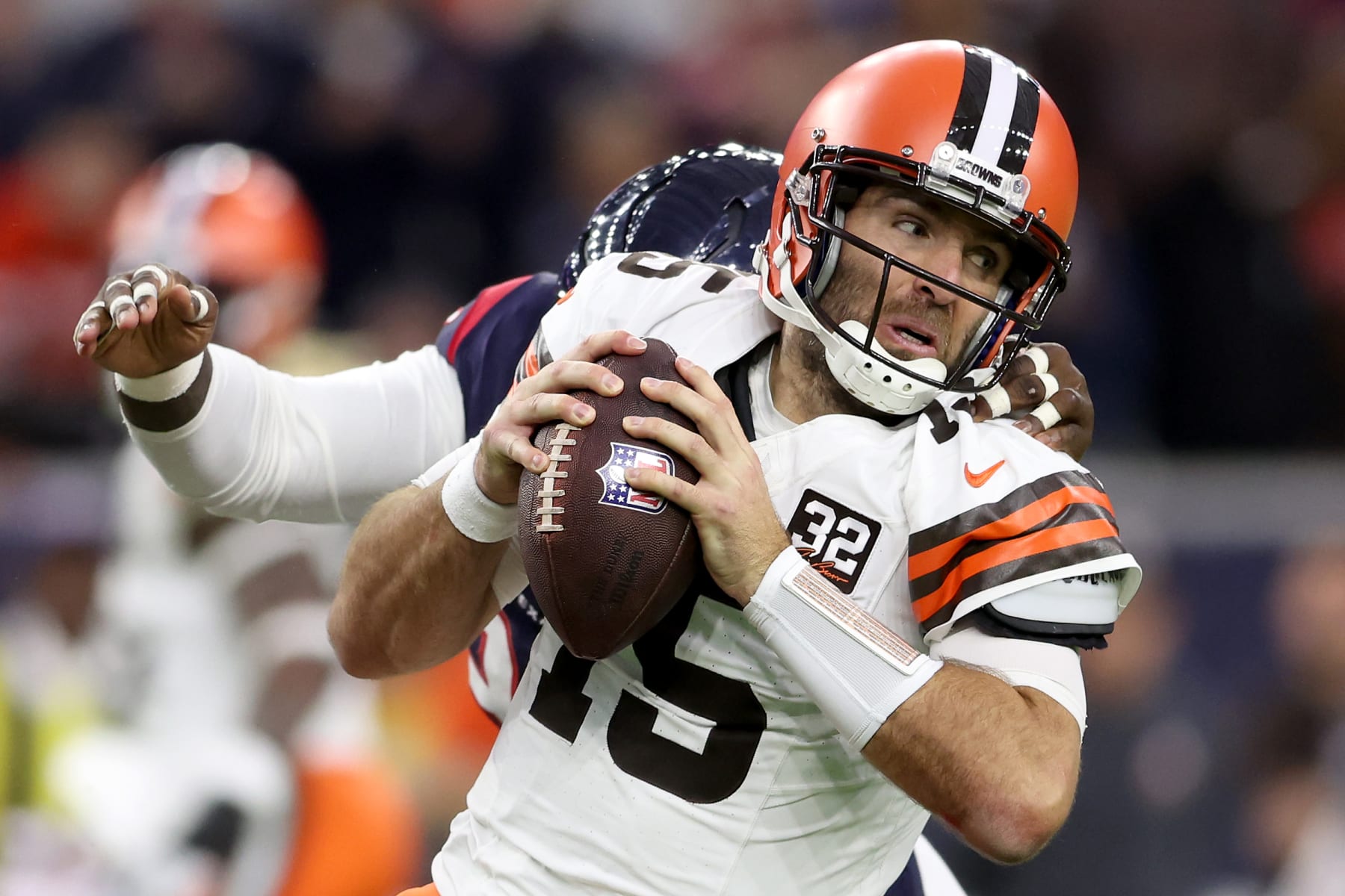 HOUSTON, TEXAS - JANUARY 13: Will Anderson Jr. #51 of the Houston Texans sacks Joe Flacco #15 of the Cleveland Browns during the second quarter in the AFC Wild Card Playoffs at NRG Stadium on January 13, 2024 in Houston, Texas. (Photo by Tim Warner/Getty Images)