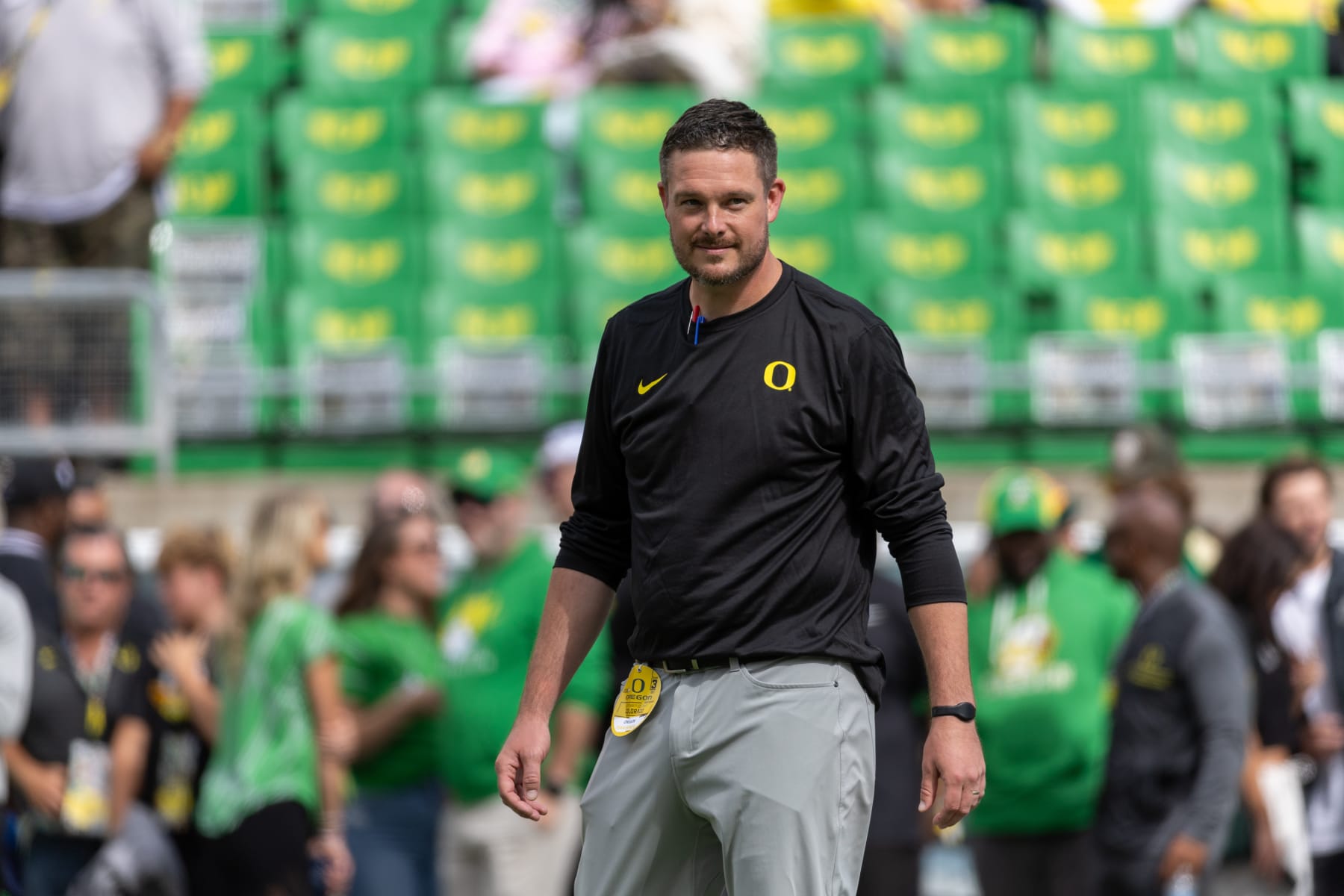 EUGENE, OREGON - SEPTEMBER 23: Head coach Dan Lanning of the Oregon Ducks walks on the field against the Colorado Buffaloes during the first half at Autzen Stadium on September 23, 2023 in Eugene, Oregon. (Photo by Tom Hauck/Getty Images)