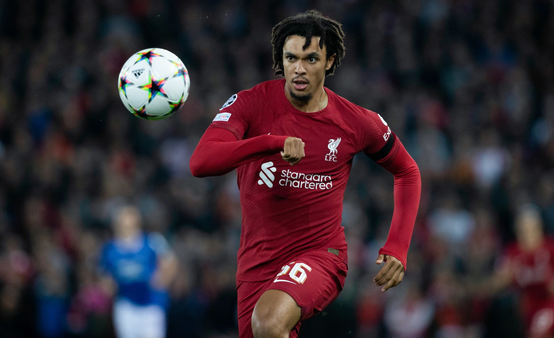 LIVERPOOL, ENGLAND - OCTOBER 04: Liverpool's Trent Alexander-Arnold during a UEFA Champions League match between Liverpool and Rangers at Anfield, on October 04, 2022, in Liverpool, England. (Photo by Craig Williamson/SNS Group via Getty Images)