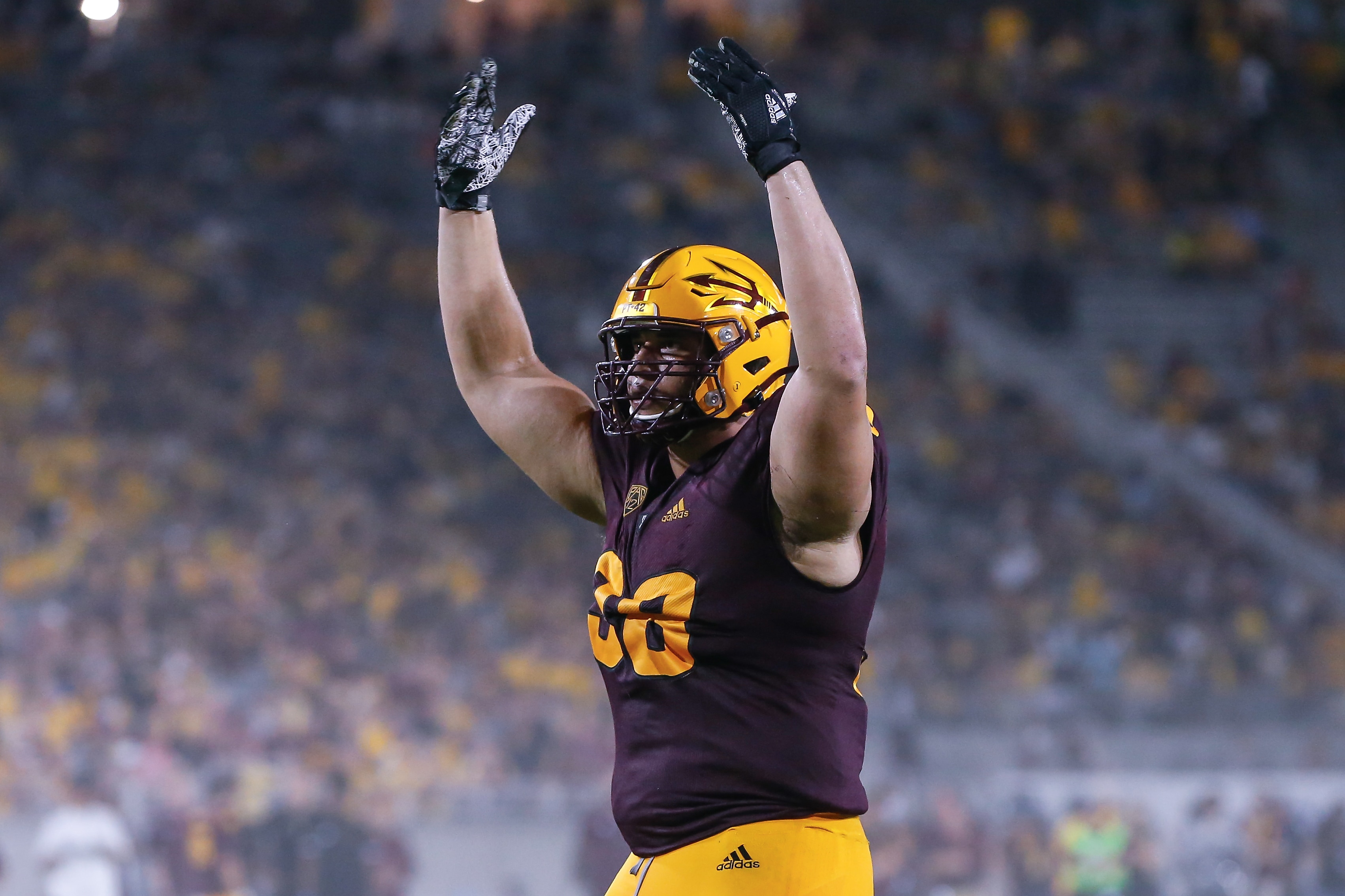 TEMPE, AZ - SEPTEMBER 02:  Arizona State Sun Devils defensive lineman D.J. Davidson (98) reacts to a big play during the college football game between the Southern Utah Thunderbirds and the Arizona State Sun Devils on September 2, 2021 at Sun Devil Stadium in Tempe, Arizona. (Photo by Kevin Abele/Icon Sportswire via Getty Images)