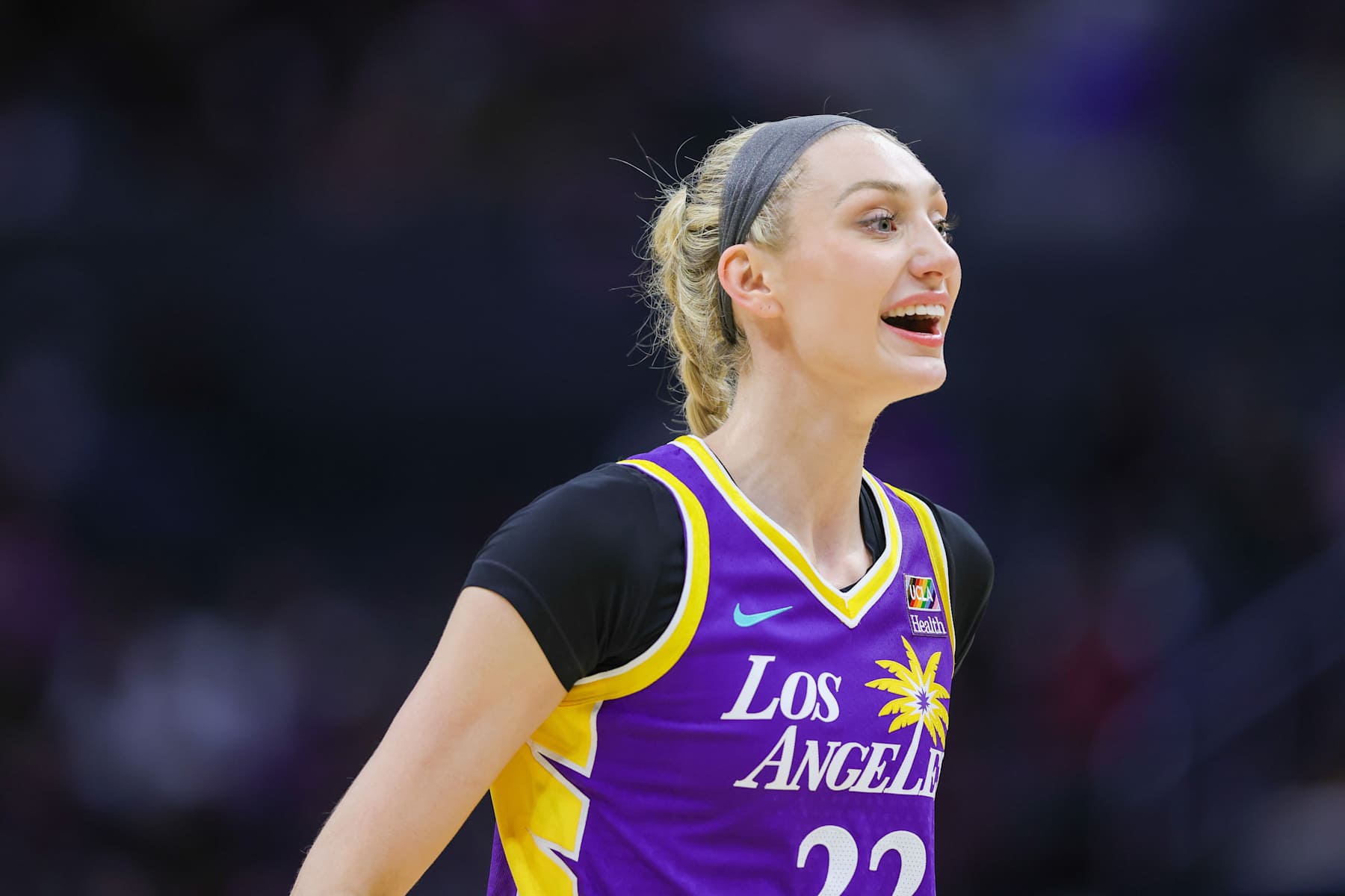 LOS ANGELES, CA - JUNE 09: Los Angeles Sparks forward Cameron Brink (22) laughs after a play during the WNBA basketball game between the Las Vegas Aces and the Los Angeles Sparks on June 09, 2024, at Crypto.com Arena in Los Angeles, CA.(Photo by Jordon Kelly/Icon Sportswire via Getty Images)