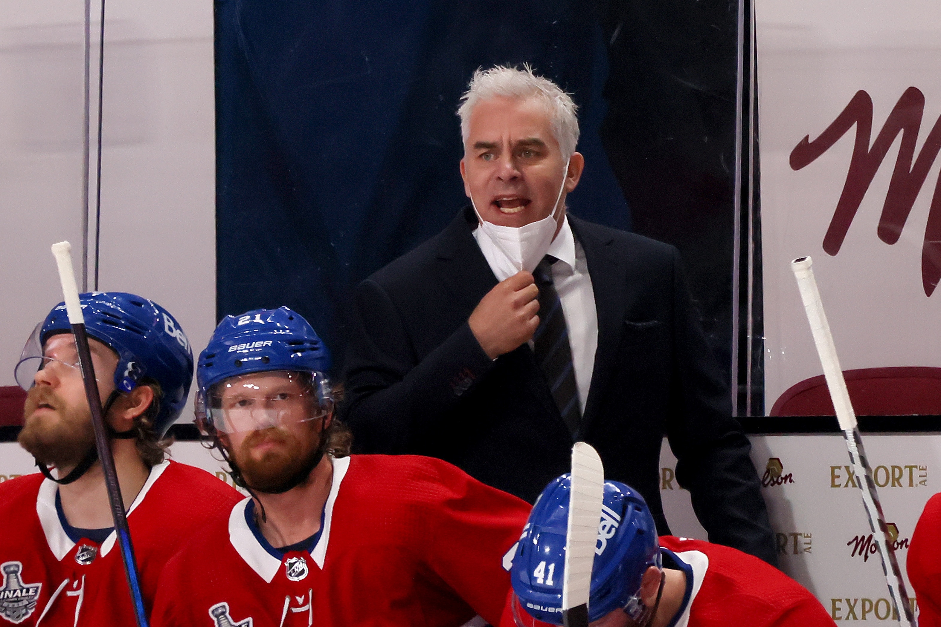 MONTREAL, QUEBEC - JULY 02:  Head coach Dominique Ducharme of the Montreal Canadiens reacts against the Tampa Bay Lightning during the first period in Game Three of the 2021 NHL Stanley Cup Final at Bell Centre on July 02, 2021 in Montreal, Quebec, Canada. (Photo by Bruce Bennett/Getty Images)