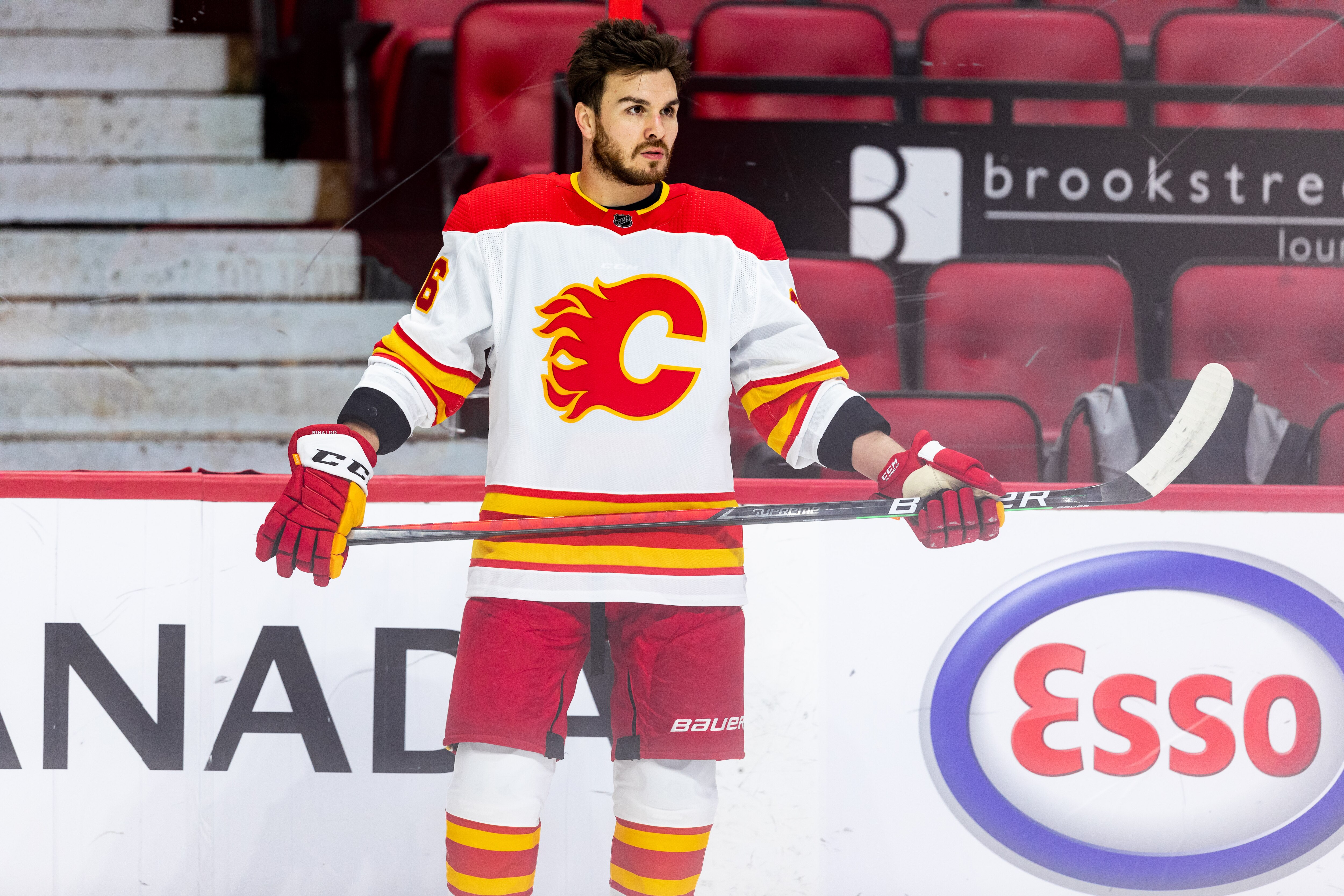 OTTAWA, ON - MARCH 01: Calgary Flames Left Wing Zac Rinaldo (36) during warm-up before National Hockey League action between the Calgary Flames and Ottawa Senators on March 1, 2021, at Canadian Tire Centre in Ottawa, ON, Canada. (Photo by Richard A. Whittaker/Icon Sportswire via Getty Images)