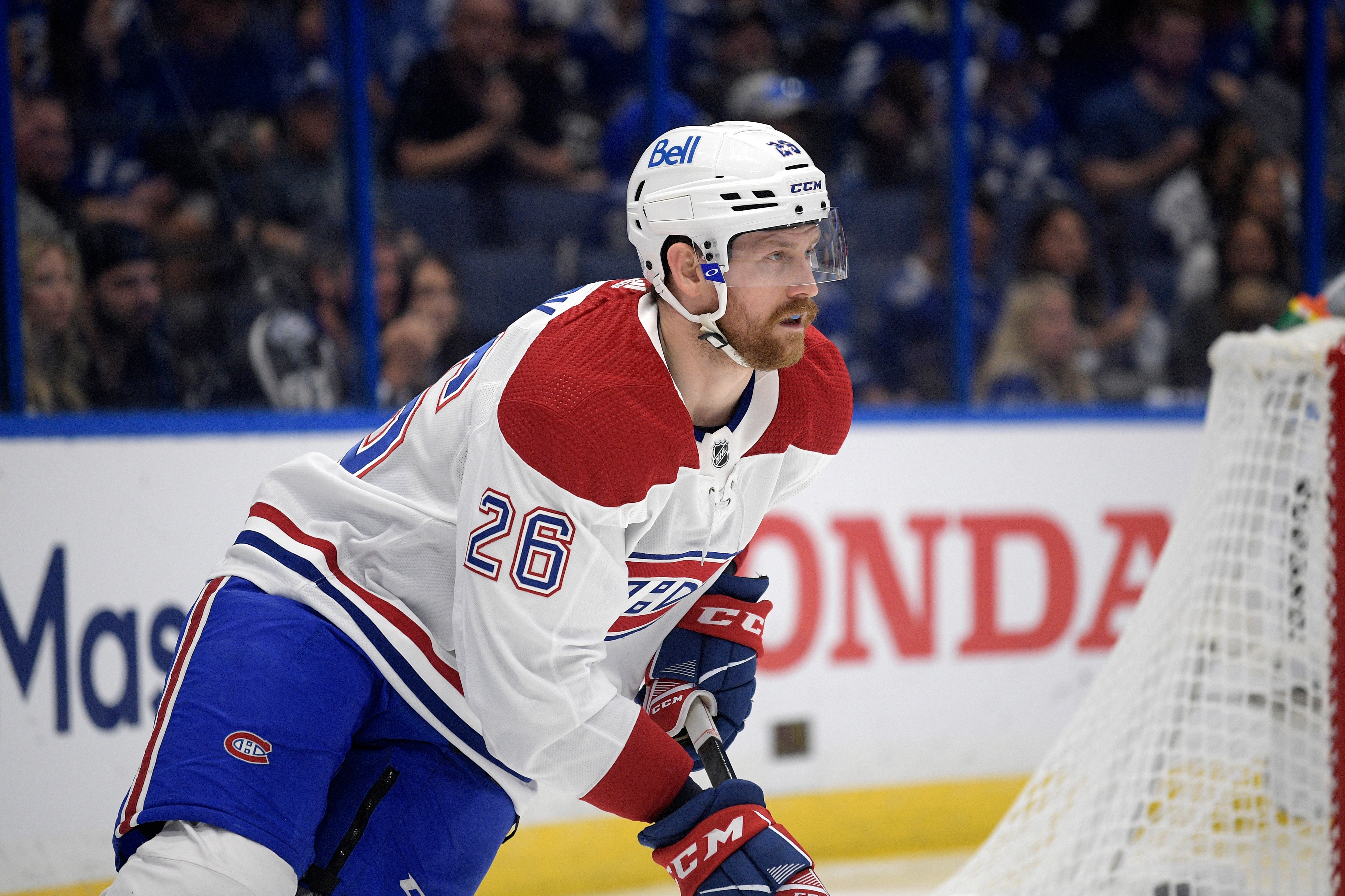 Montreal Canadiens defenseman Jeff Petry (26) controls a puck during the second period of Game 5 of the NHL hockey Stanley Cup finals series against the Tampa Bay Lightning, Wednesday, July 7, 2021, in Tampa, Fla. (AP Photo/Phelan M. Ebenhack)