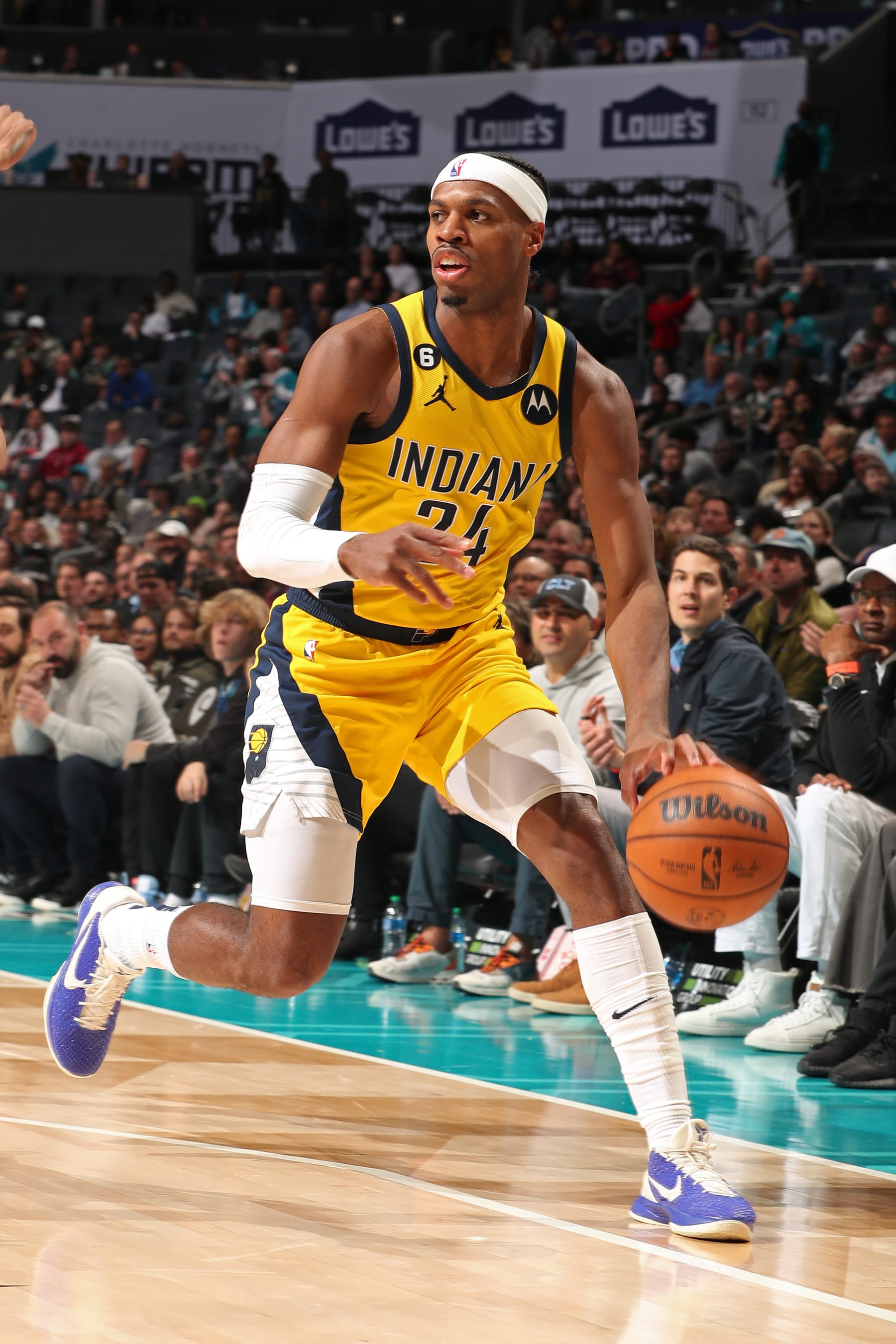 CHARLOTTE, NC - MARCH 20: Buddy Hield #24 of the Indiana Pacers dribbles the ball during the game against the Charlotte Hornets on March 20, 2023 at Spectrum Center in Charlotte, North Carolina. NOTE TO USER: User expressly acknowledges and agrees that, by downloading and or using this photograph, User is consenting to the terms and conditions of the Getty Images License Agreement. Mandatory Copyright Notice: Copyright 2023 NBAE (Photo by Kent Smith/NBAE via Getty Images)