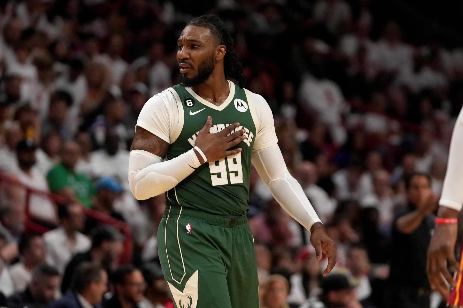 MIAMI, FL - APRIL 22: Jae Crowder #99 of the Milwaukee Bucks looks on during the game against the Miami Heat during Round One Game Three of the 2023 NBA Playoffs on April 22, 2023 at Kaseya Center in Miami, Florida. NOTE TO USER: User expressly acknowledges and agrees that, by downloading and or using this Photograph, user is consenting to the terms and conditions of the Getty Images License Agreement. Mandatory Copyright Notice: Copyright 2023 NBAE (Photo by Eric Espada/NBAE via Getty Images)