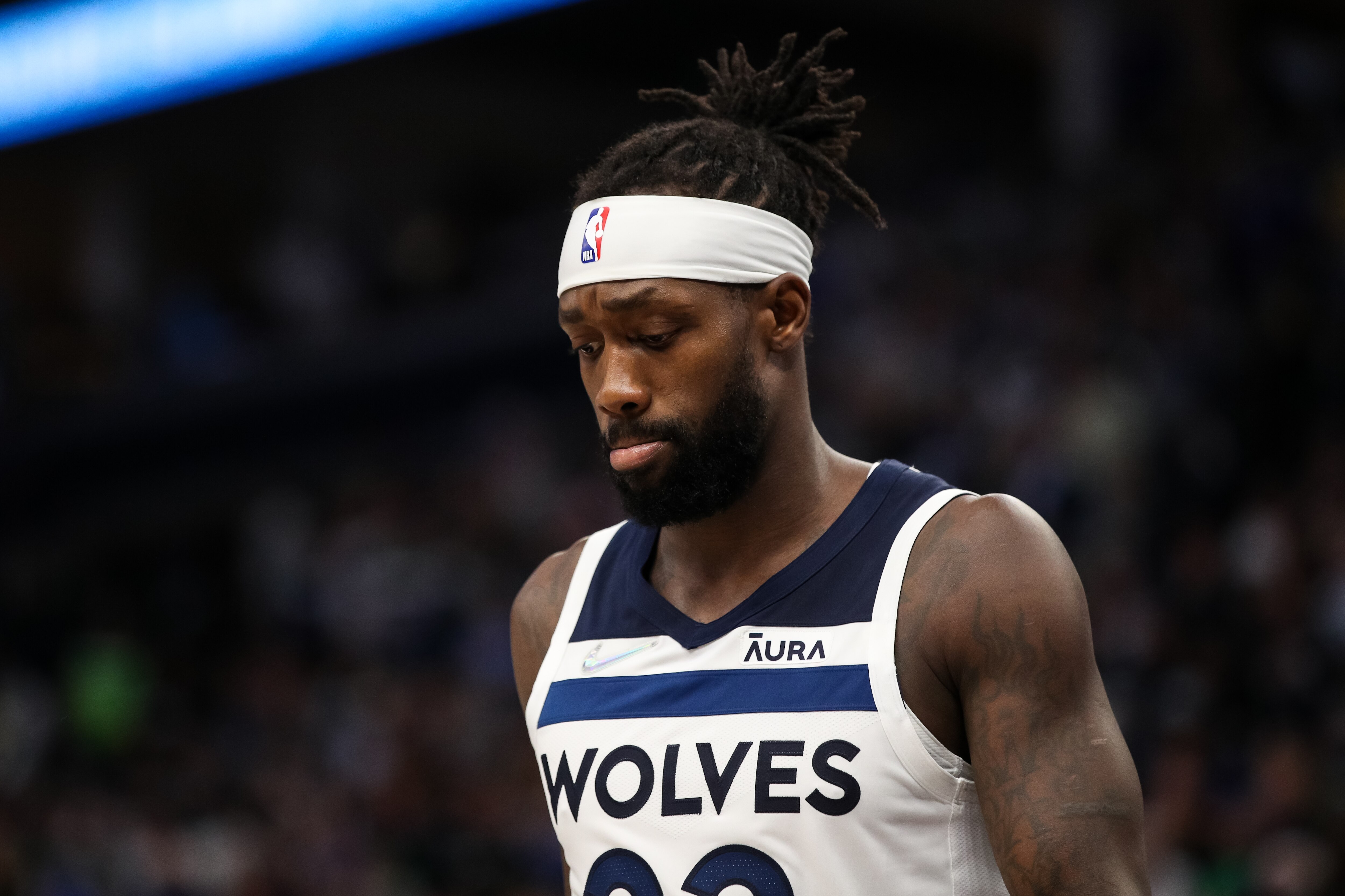 MINNEAPOLIS, MN - APRIL 23: Patrick Beverley #22 of the Minnesota Timberwolves looks on against the Memphis Grizzlies in the second quarter of the game during Game Four of the Western Conference First Round at Target Center on April 23, 2022 in Minneapolis, Minnesota. The Timberwolves defeated the Grizzlies 119-118 to tie the series 2-2. NOTE TO USER: User expressly acknowledges and agrees that, by downloading and or using this Photograph, user is consenting to the terms and conditions of the Getty Images License Agreement. (Photo by David Berding/Getty Images)