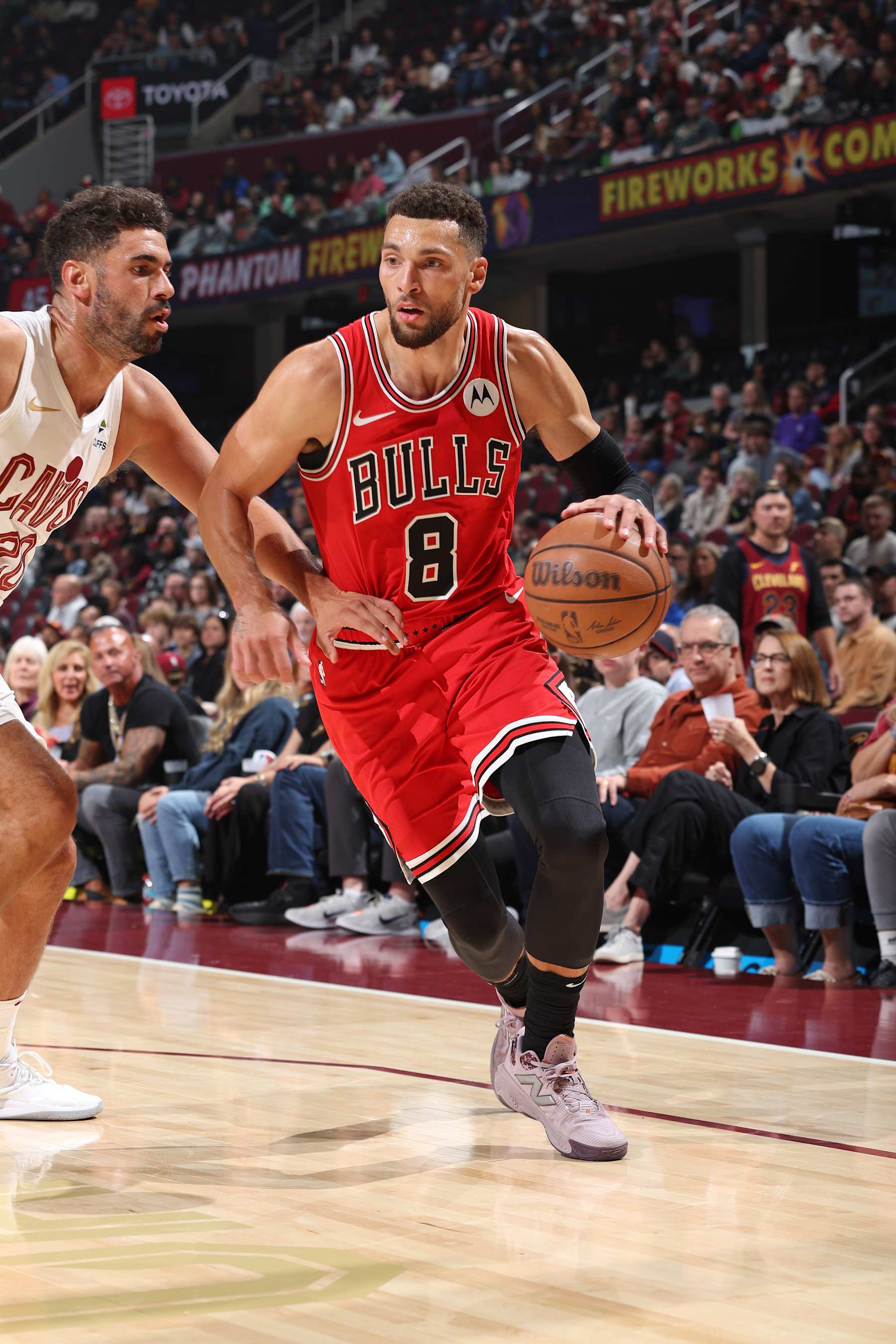CLEVELAND, OH - OCTOBER 8: Zach LaVine #8 of the Chicago Bulls drives to the basket during the game against the Cleveland Cavaliers on October 8, 2024 at Rocket Mortgage FieldHouse in Cleveland, Ohio. NOTE TO USER: User expressly acknowledges and agrees that, by downloading and/or using this Photograph, user is consenting to the terms and conditions of the Getty Images License Agreement. Mandatory Copyright Notice: Copyright 2024 NBAE (Photo by Jeff Haynes/NBAE via Getty Images)
