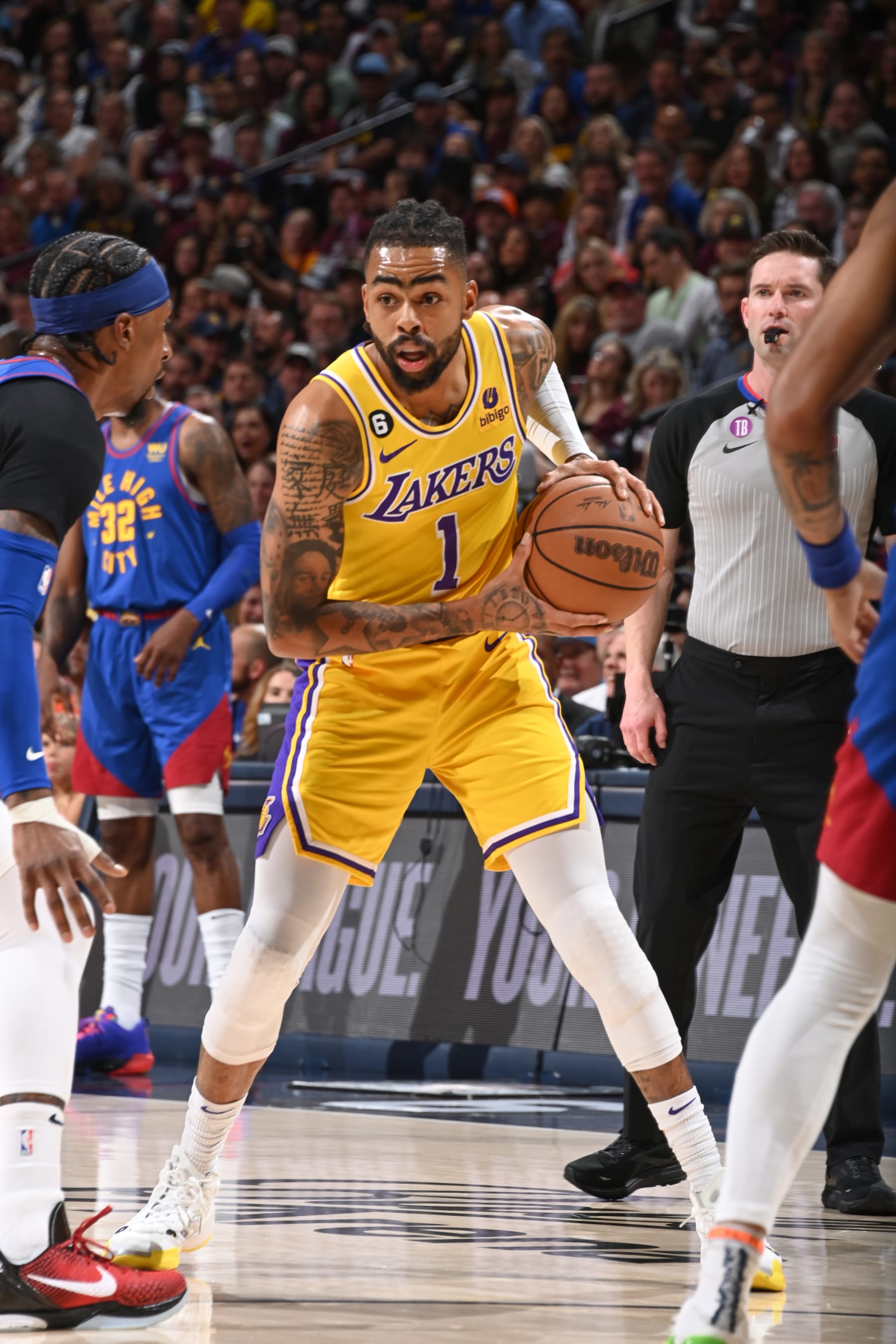 DENVER, CO - MAY 16: D'Angelo Russell #1 of the Los Angeles Lakers goes to the basket during the game during round 3 game 1 of the 2023 NBA Playoffs Western Conference Finals on May 16, 2023 at the Ball Arena in Denver, Colorado. NOTE TO USER: User expressly acknowledges and agrees that, by downloading and/or using this Photograph, user is consenting to the terms and conditions of the Getty Images License Agreement. Mandatory Copyright Notice: Copyright 2023 NBAE (Photo by Andrew D. Bernstein/NBAE via Getty Images)