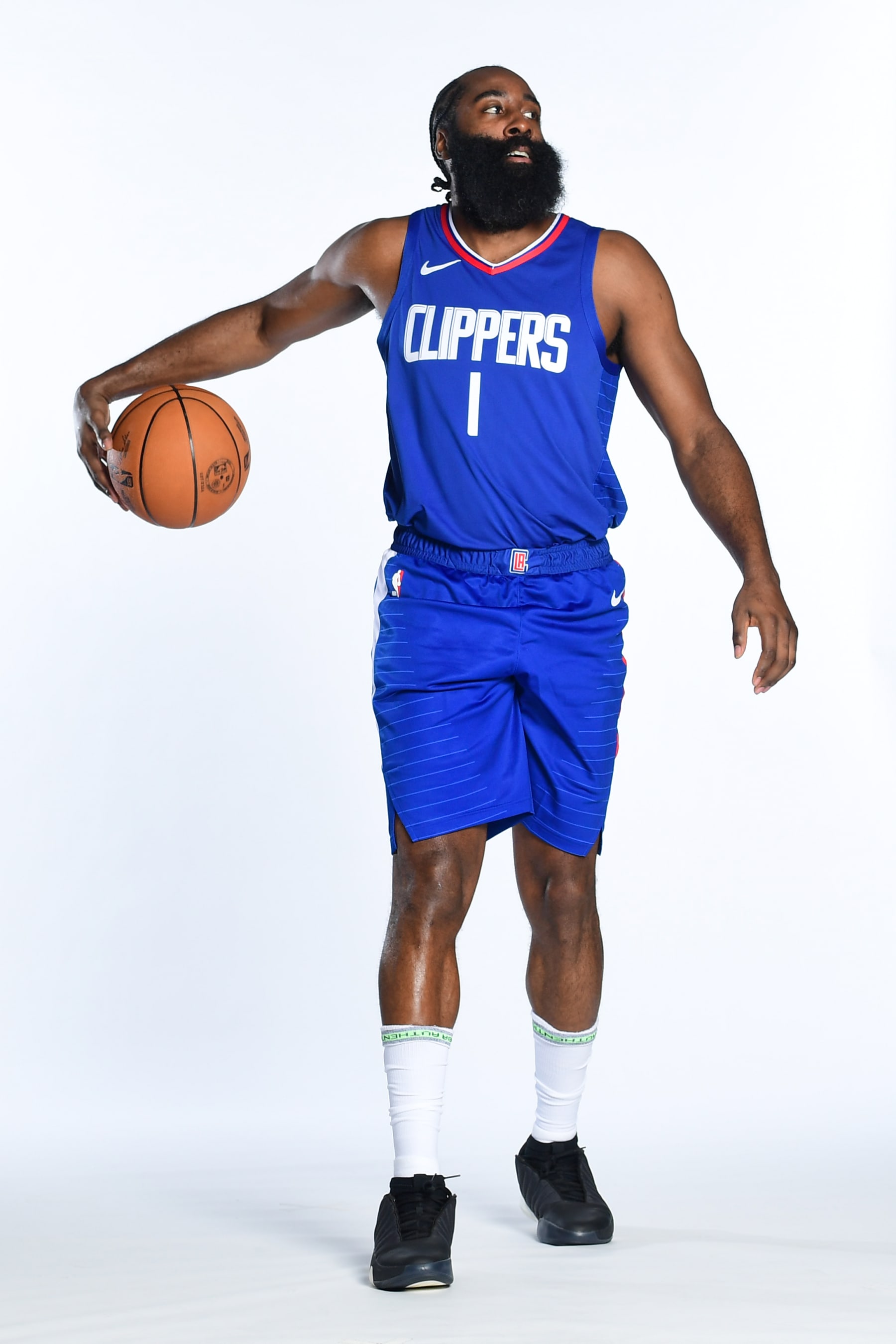 PLAYA VISTA, CA - NOVEMBER 02: James Harden #1 of the LA Clippers poses for a portrait at Honey Training Center on November 02, 2023 in Playa Vista, California. NOTE TO USER: User expressly acknowledges and agrees that, by downloading and/or using this Photograph, user is consenting to the terms and conditions of the Getty Images License Agreement. Mandatory Copyright Notice: Copyright 2023 NBAE (Photo by Adam Pantozzi/NBAE via Getty Images)