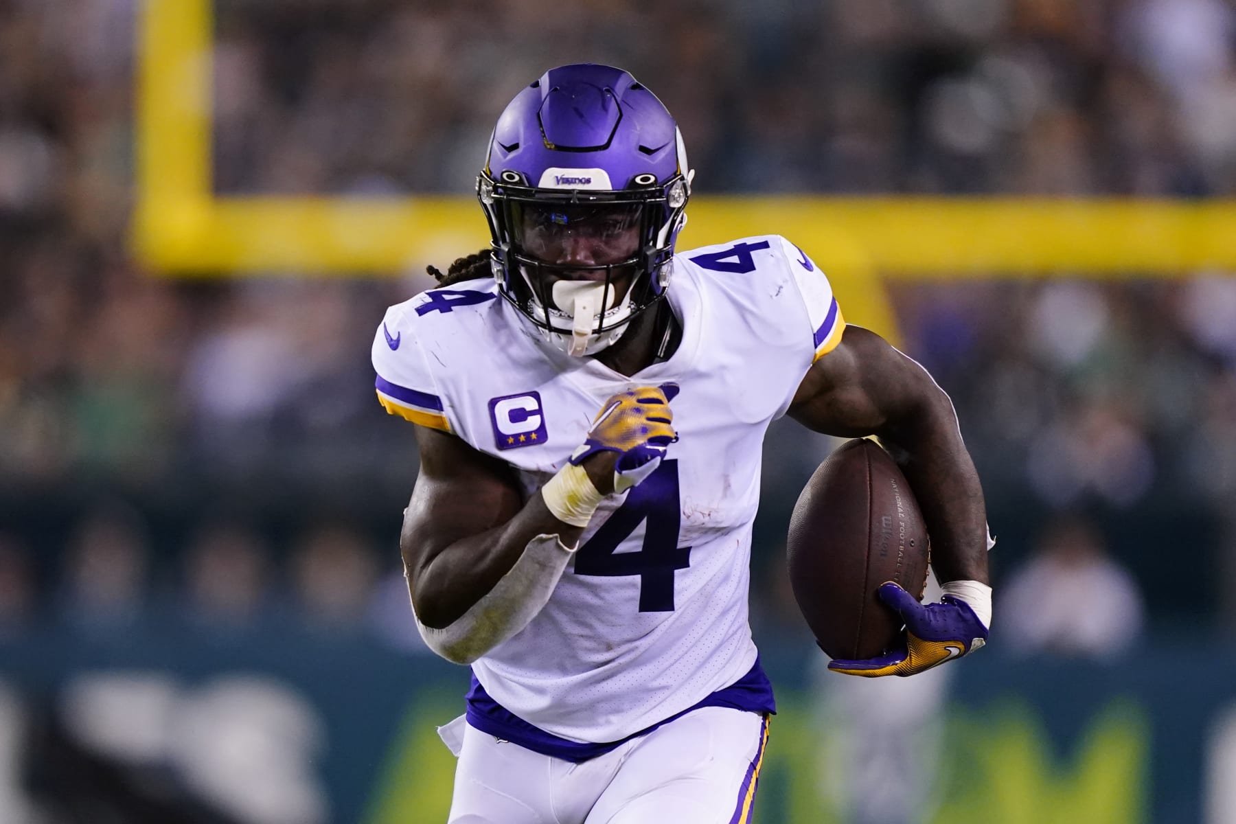 Minnesota Vikings running back Dalvin Cook (4) carries the ball up field during the second half of an NFL football game against the Philadelphia Eagles, Monday, Sept. 19, 2022, in Philadelphia. (AP Photo/Matt Rourke) Minnesota Vikings running back Dalvin Cook (4) carries the ball up field during the second half of an NFL football game against the Philadelphia Eagles, Monday, Sept. 19, 2022, in Philadelphia. (AP Photo/Matt Rourke)