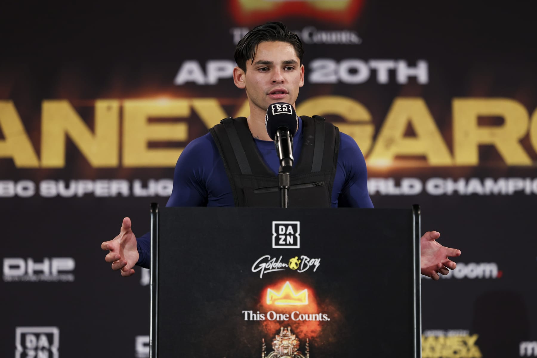 NEW YORK, NEW YORK - APRIL 18: Ryan Garcia speaks during a press conference at Barclays Center on April 18, 2024 in New York City.  (Photo by Cris Esqueda/Golden Boy/Getty Images)