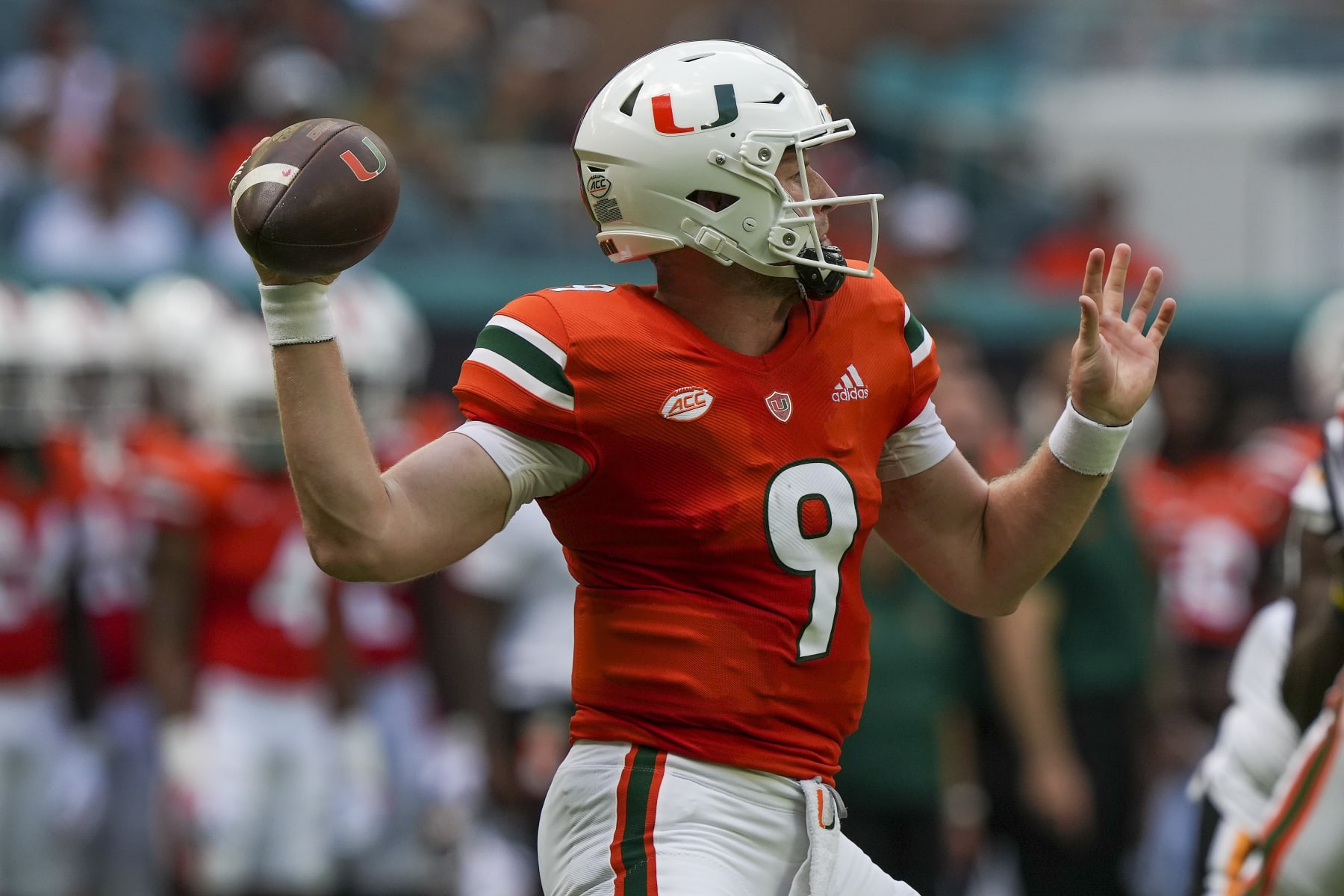 MIAMI GARDENS, FLORIDA - SEPTEMBER 10: Tyler Van Dyke #9 of the Miami Hurricanes attempts a pass during the first quarter against the Southern Miss Golden Eagles at Hard Rock Stadium on September 10, 2022 in Miami Gardens, Florida. (Photo by Eric Espada/Getty Images)