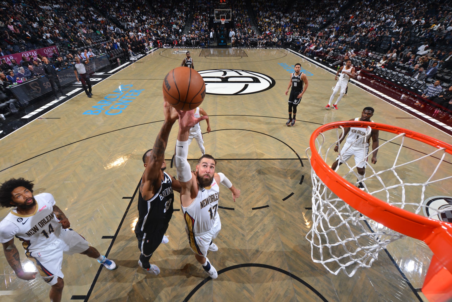 BROOKLYN, NY - OCTOBER 19: Jonas Valanciunas #17 of the New Orleans Pelicans moves the ball during the game against the Brooklyn Nets on October 19, 2022 at Barclays Center in Brooklyn, New York. NOTE TO USER: User expressly acknowledges and agrees that, by downloading and or using this Photograph, user is consenting to the terms and conditions of the Getty Images License Agreement. Mandatory Copyright Notice: Copyright 2022 NBAE (Photo by Jesse D. Garrabrant/NBAE via Getty Images)