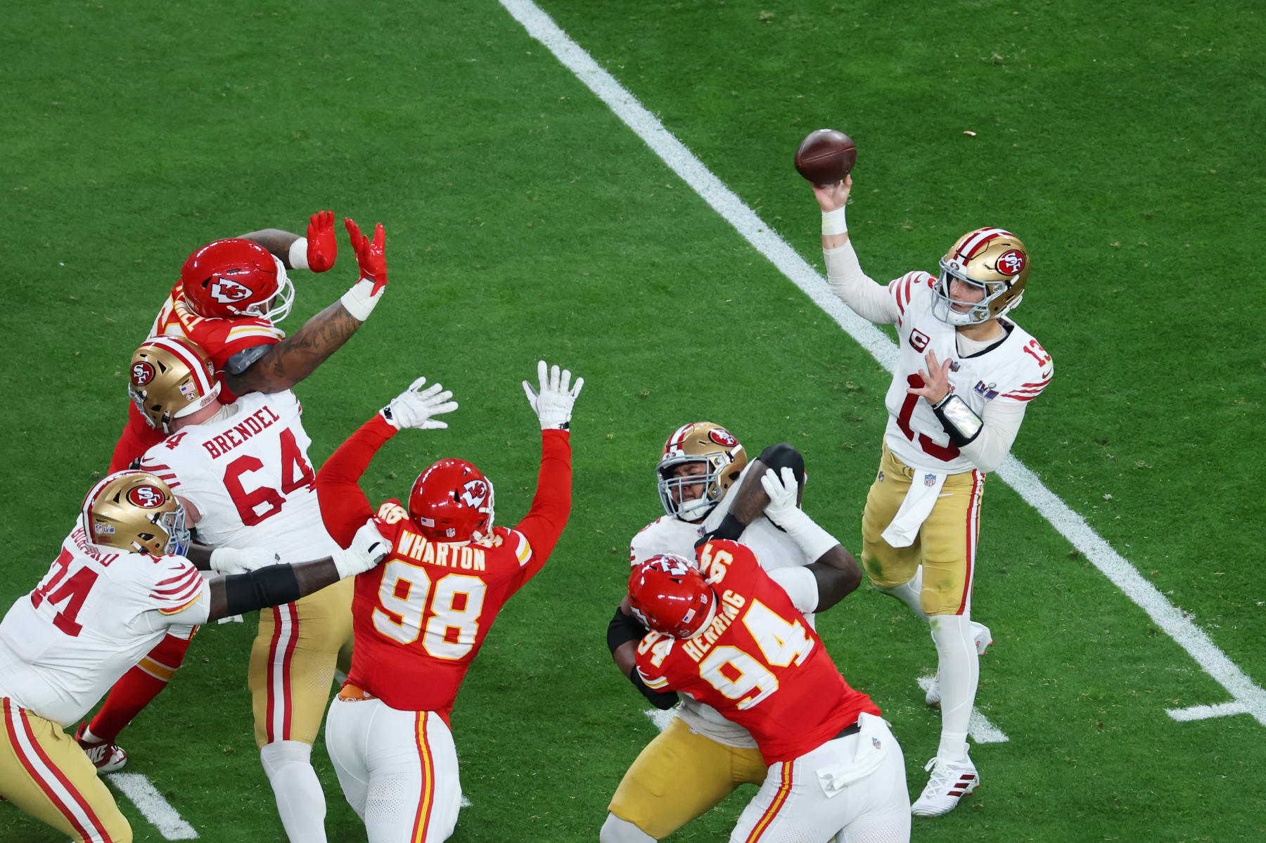 LAS VEGAS, NEVADA - FEBRUARY 11: Brock Purdy #13 of the San Francisco 49ers throws the ball in the second quarter against the Kansas City Chiefs during Super Bowl LVIII at Allegiant Stadium on February 11, 2024 in Las Vegas, Nevada. (Photo by Michael Reaves/Getty Images)