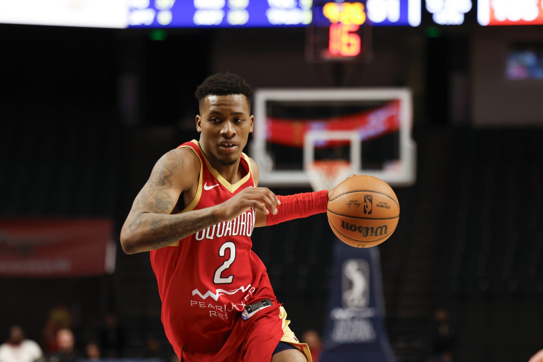 BIRMINGHAM, AL - November 26: Landers Nolley II #2 of the Birmingham Squadron dribbles against the Memphis Hustle at Legacy Arena in Birmingham, AL on November 26, 2023 NOTE TO USER: User expressly acknowledges and agrees that, by downloading and or using this photograph, user is consenting to the terms and conditions of Getty Images License Agreement. Mandatory Copyright Notice: Copyright 2023 NBAE (Photo by Mercedes Oliver/NBAE via Getty Images)