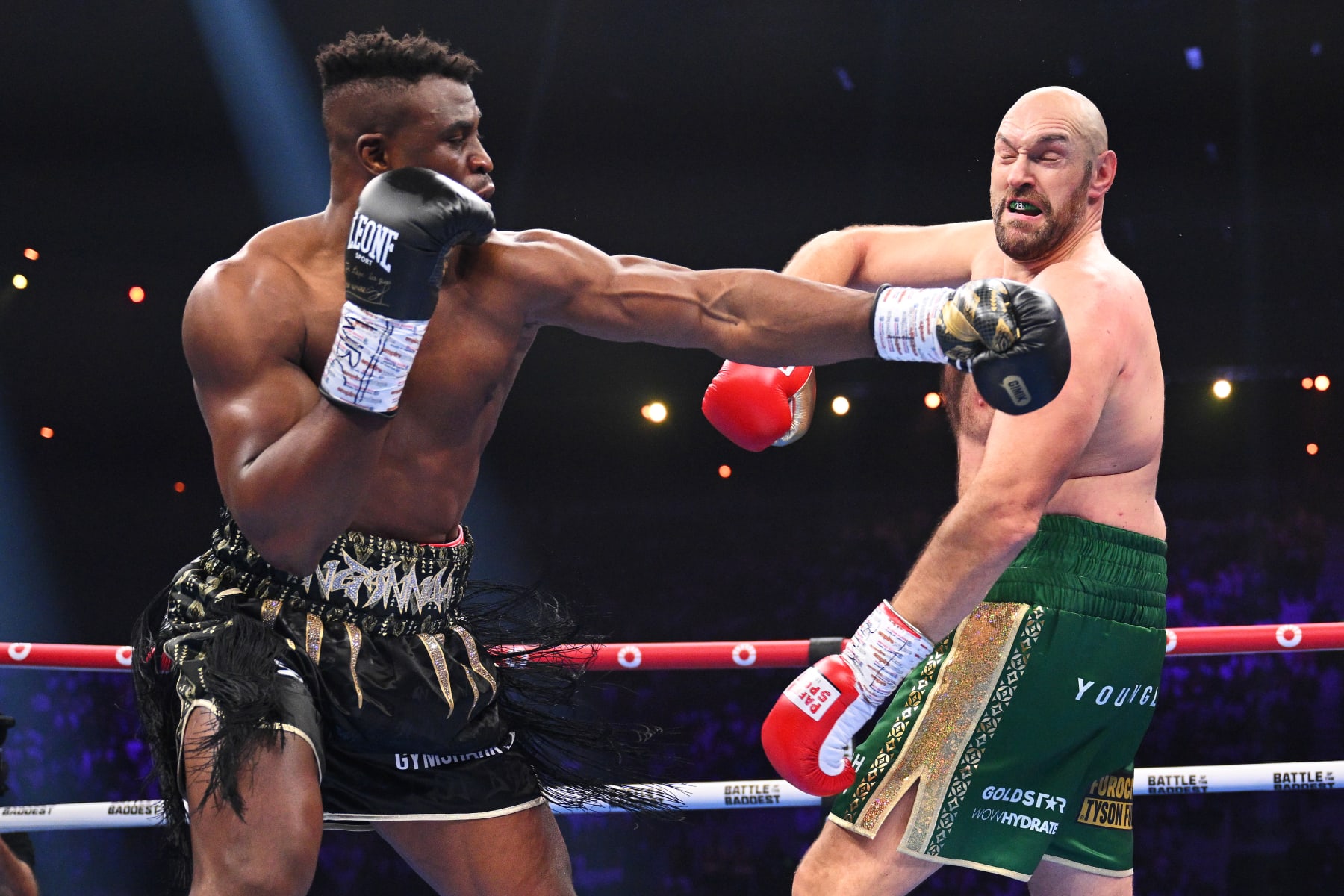 RIYADH, SAUDI ARABIA - OCTOBER 28: Francis Ngannou punches Tyson Fury during the Heavyweight fight between Tyson Fury and Francis Ngannou at Boulevard Hall on October 28, 2023 in Riyadh, Saudi Arabia. (Photo by Justin Setterfield/Getty Images)