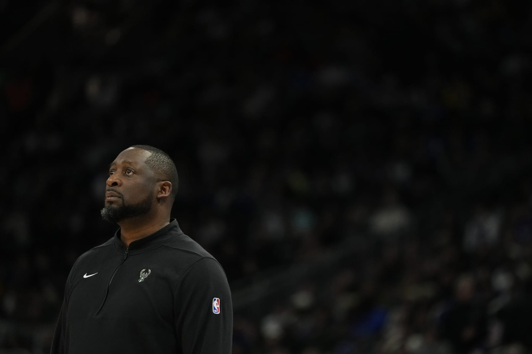 MILWAUKEE, WISCONSIN - JANUARY 13: Head coach Adrian Griffin of the Milwaukee Bucks looks on in the first half against the Golden State Warriors at Fiserv Forum on January 13, 2024 in Milwaukee, Wisconsin. NOTE TO USER: User expressly acknowledges and agrees that, by downloading and or using this photograph, User is consenting to the terms and conditions of the Getty Images License Agreement. (Photo by Patrick McDermott/Getty Images)