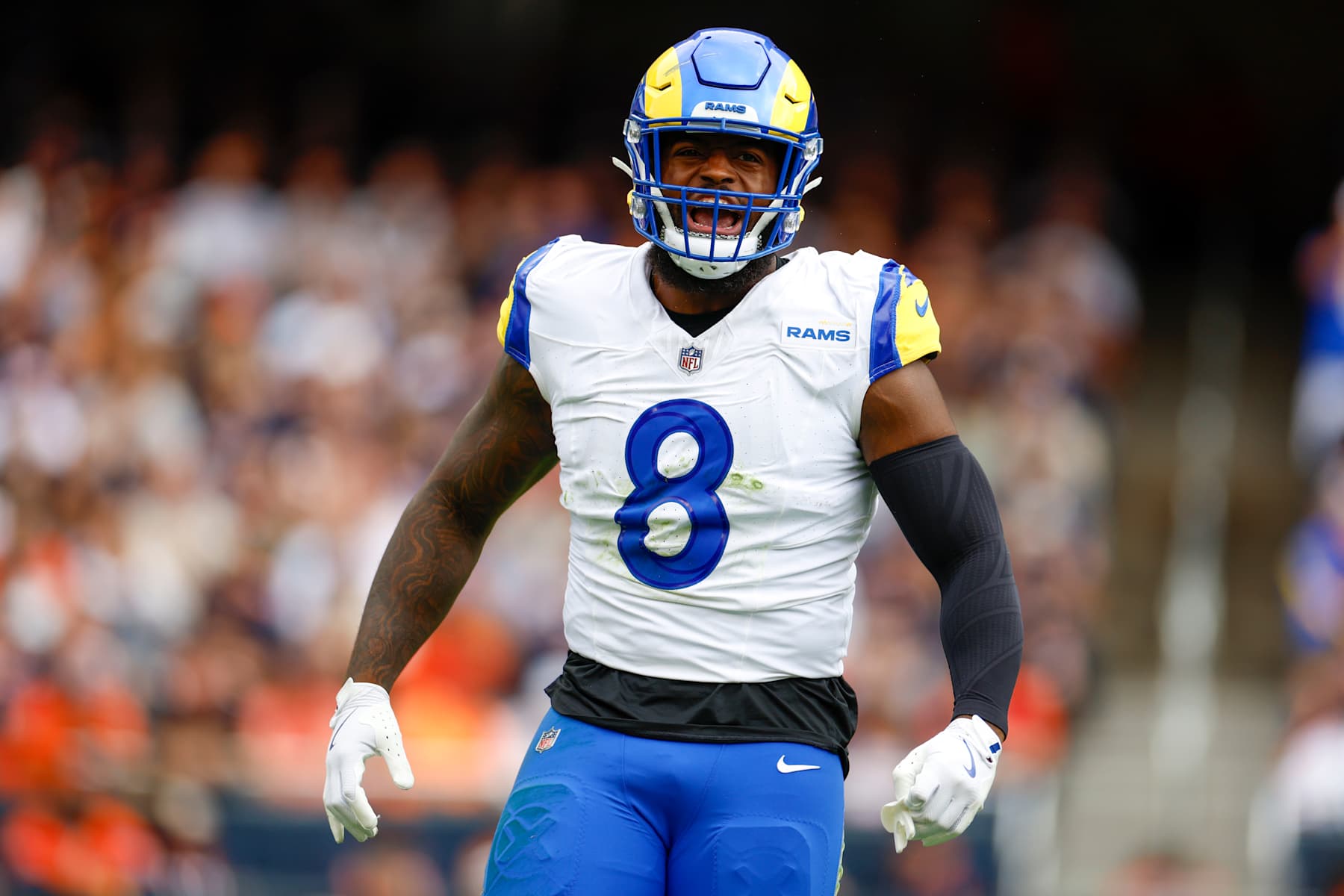 CHICAGO, ILLINOIS - SEPTEMBER 29: Jared Verse #8 of the Los Angeles Rams celebrates after a defensive play in the first quarter during a game against the Chicago Bears at Soldier Field on September 29, 2024 in Chicago, Illinois. (Photo by Brandon Sloter/Getty Images)