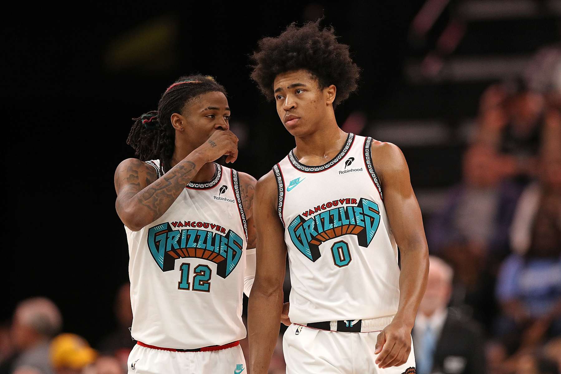 MEMPHIS, TENNESSEE - NOVEMBER 06: Ja Morant #12 of the Memphis Grizzlies and Jaylen Wells #0 of the Memphis Grizzlies during the game against the Los Angeles Lakers at FedExForum on November 06, 2024 in Memphis, Tennessee. NOTE TO USER: User expressly acknowledges and agrees that, by downloading and or using this photograph, User is consenting to the terms and conditions of the Getty Images License Agreement. (Photo by Justin Ford/Getty Images)