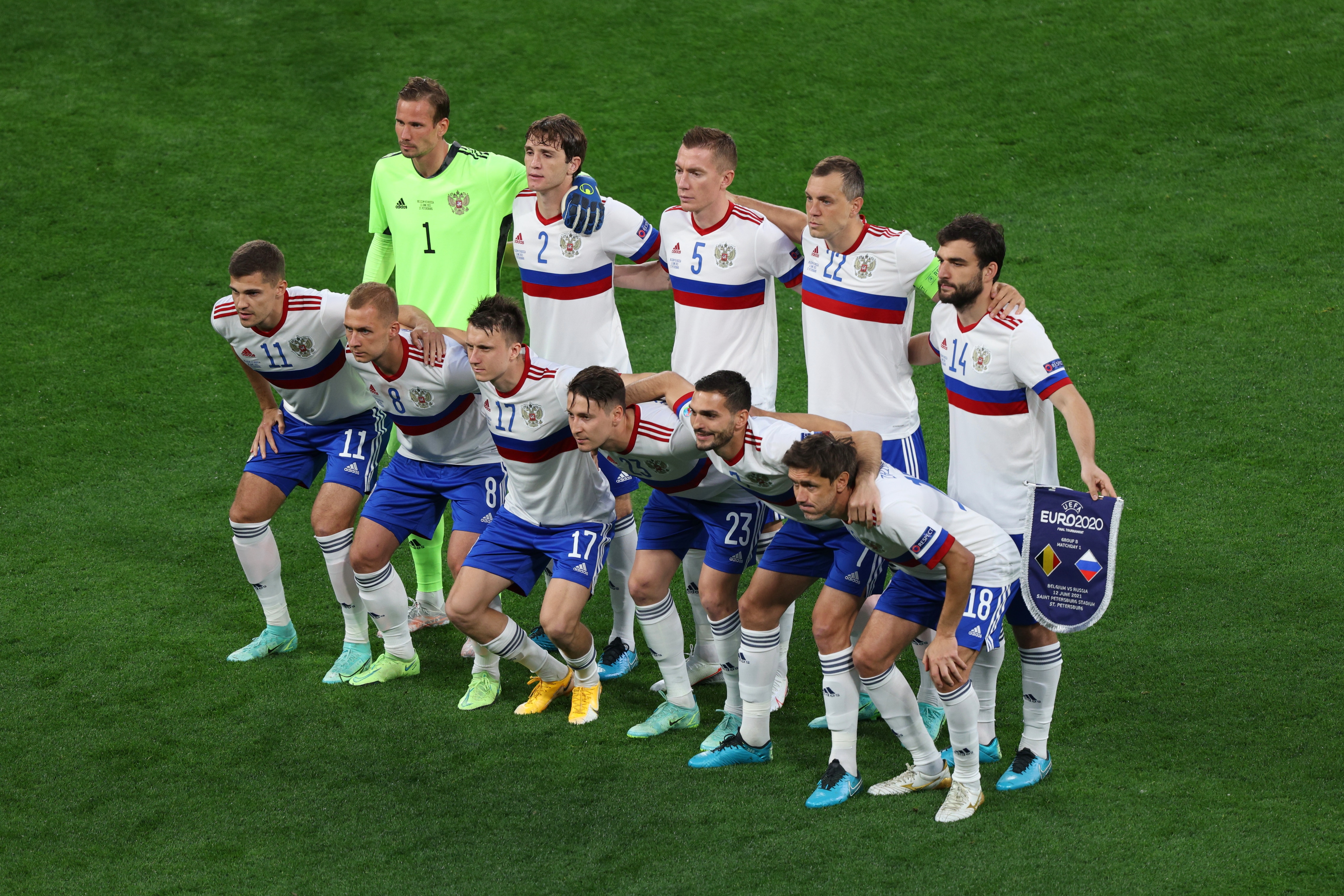 SAINT-PETERSBURG, RUSSIA - 2021/06/12: Russian national team poses for a group photo before the European championship EURO 2020 between Russia and Belgium at Gazprom Arena.
(Final Score; Russia 0:3 Belgium). (Photo by Maksim Konstantinov/SOPA Images/LightRocket via Getty Images)