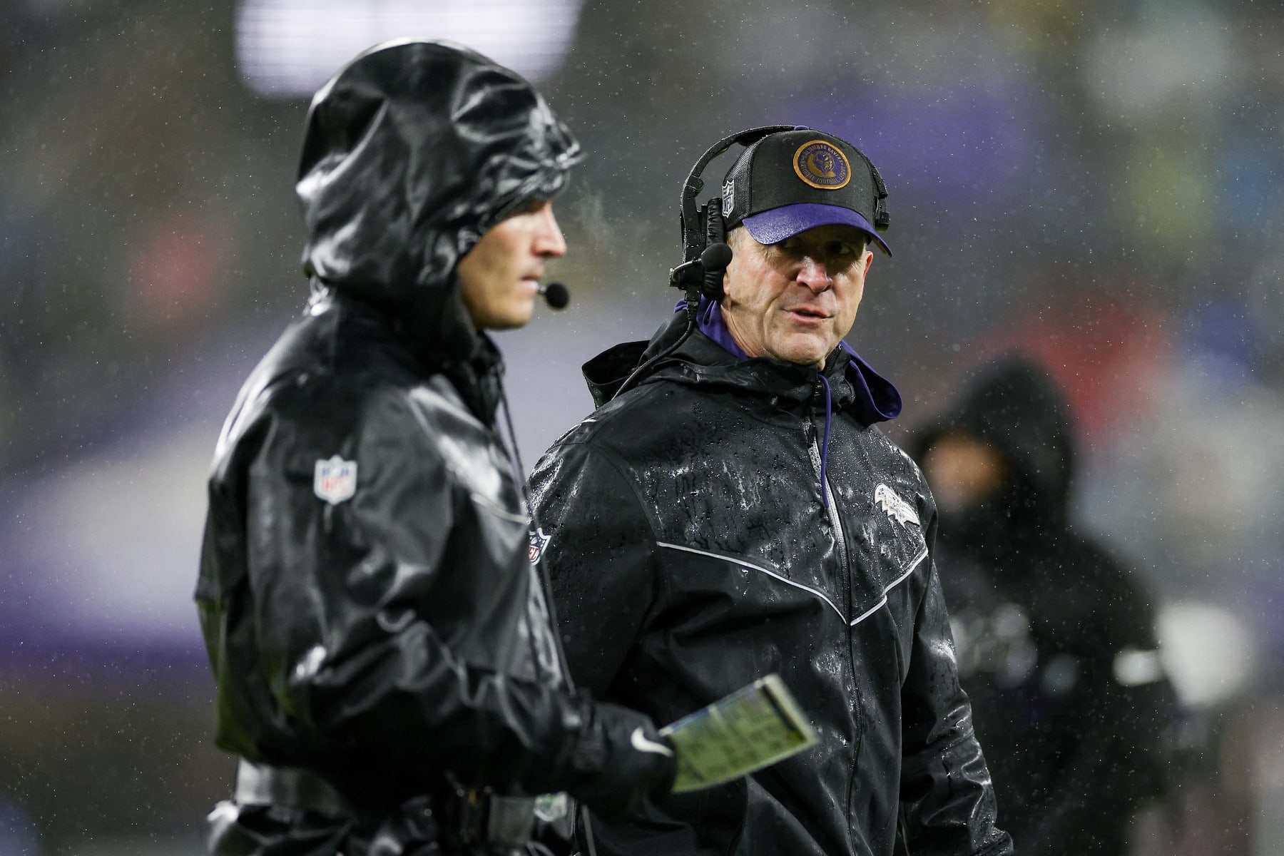 BALTIMORE, MARYLAND - JANUARY 06: Head coach John Harbaugh of the Baltimore Ravens looks on in the third quarter of a game against the Pittsburgh Steelers at M&T Bank Stadium on January 06, 2024 in Baltimore, Maryland. (Photo by Patrick Smith/Getty Images)