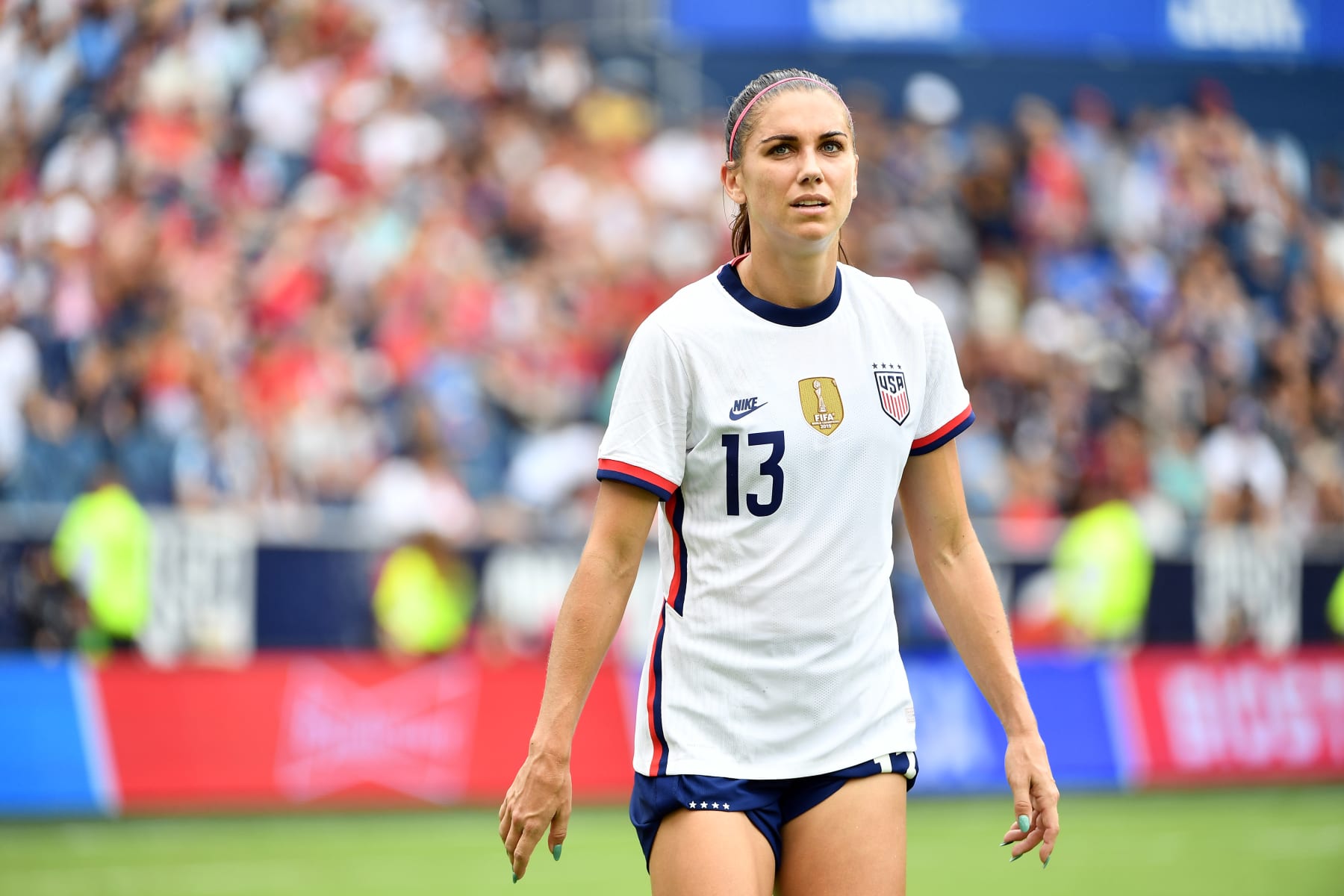 KANSAS CITY, KS - SEPTEMBER 3: Alex Morgan #13 of the United States during a game between Nigeria and USWNT at Children's Mercy Park on September 3, 2022 in Kansas City, Kansas. (Photo by Bill Barrett/ISI Photos/Getty Images)