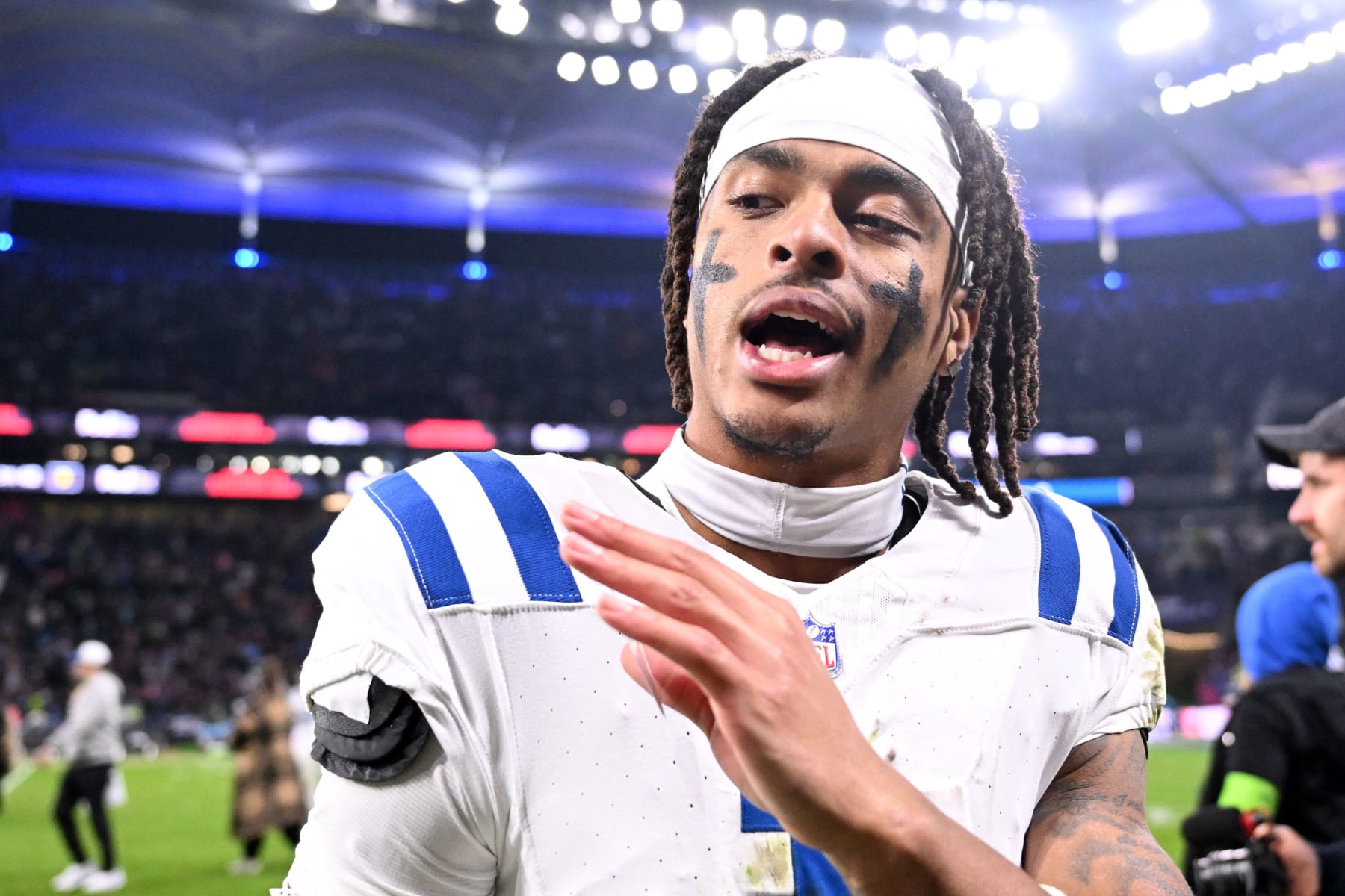 Indianapolis Colts' wide receiver Josh Downs celebrates winning the NFL American football match Indianapolis Colts vs New England Patriots at the Deutsche Bank Park in Frankfurt am Main, western Germany, on November 12, 2023. (Photo by Kirill KUDRYAVTSEV / AFP) (Photo by KIRILL KUDRYAVTSEV/AFP via Getty Images)