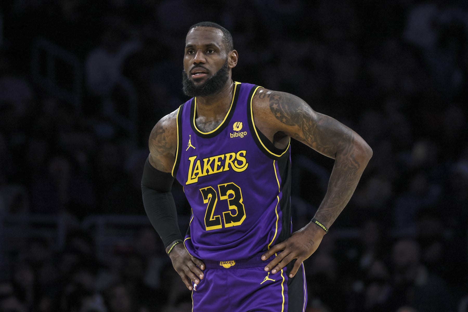 Los Angeles, CA, Thursday, January 11, 2024 - Los Angeles Lakers forward LeBron James (23) during a break in the action against the Phoenix Suns at Crypto.com Arena. (Robert Gauthier/Los Angeles Times via Getty Images)