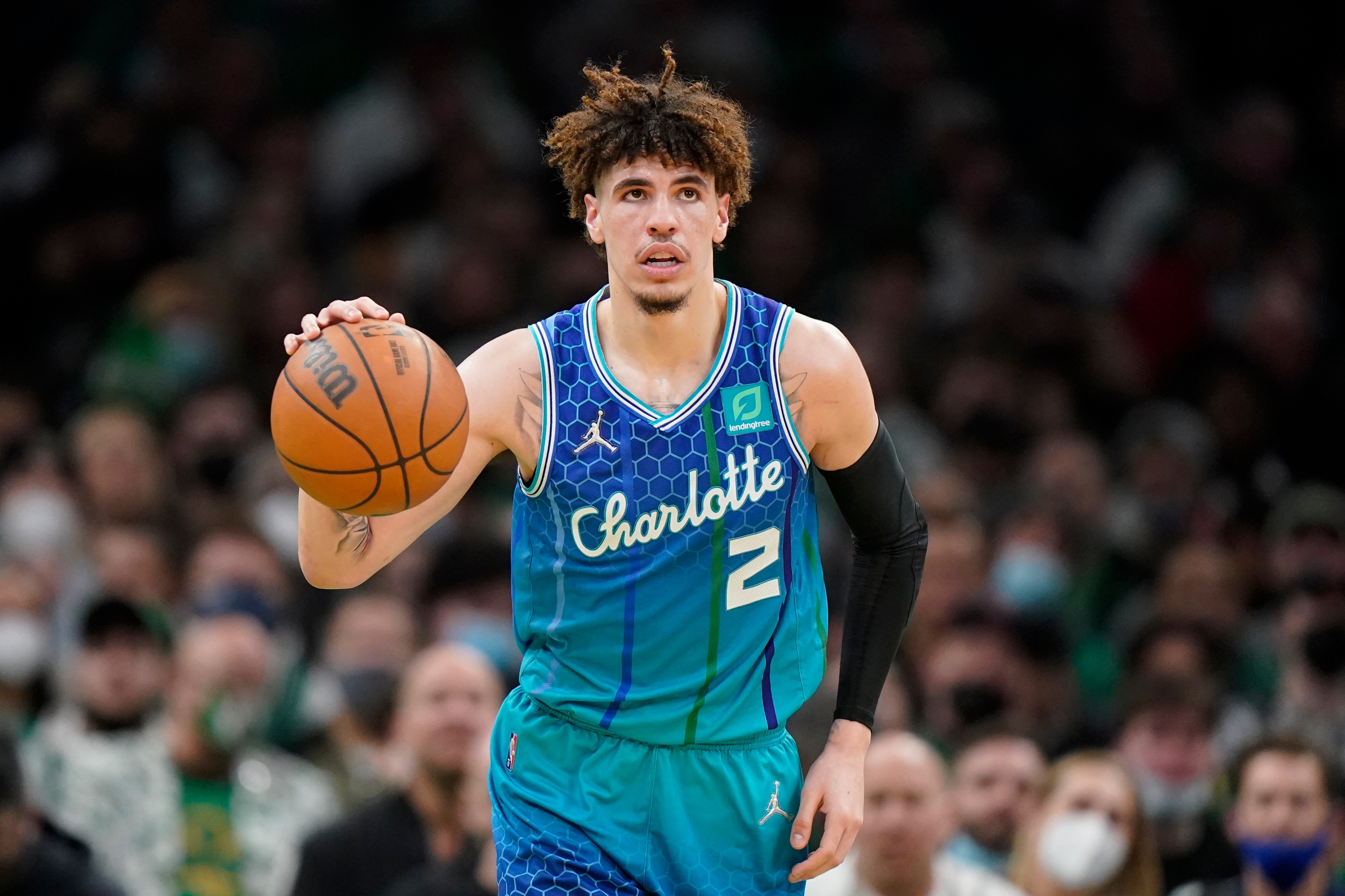 Charlotte Hornets guard LaMelo Ball (2) during the second half of an NBA basketball game against the Boston Celtics, Wednesday, Feb. 2, 2022, in Boston. (AP Photo/Steven Senne)