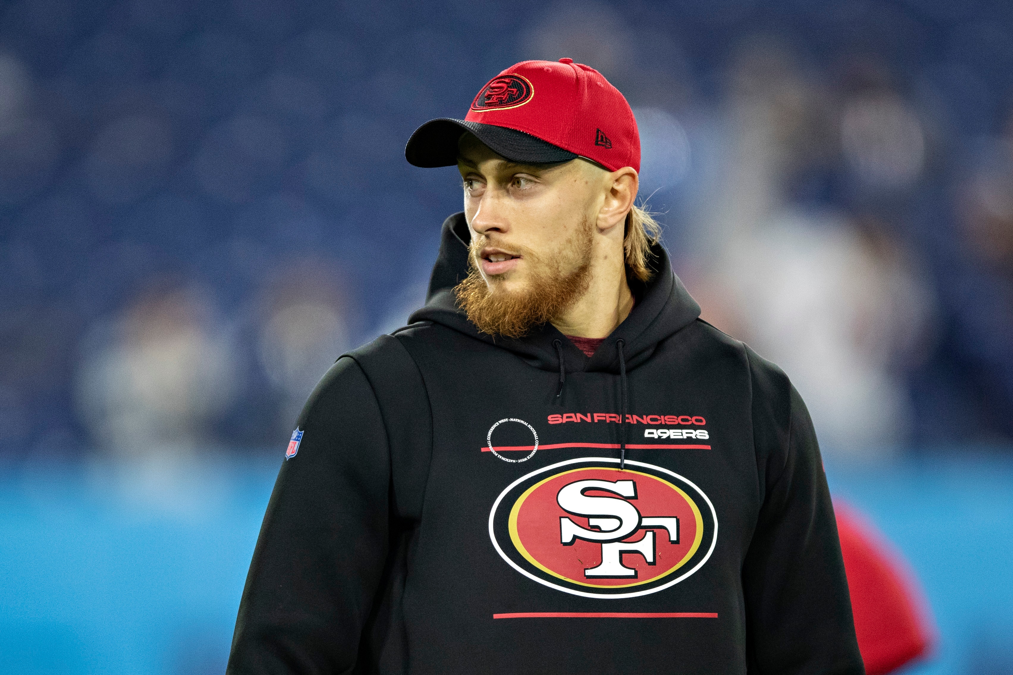 NASHVILLE, TENNESSEE - DECEMBER 23:  George Kittle #85 of the San Francisco 49ers on the field before a game against the Tennessee Titans at Nissan Stadium on December 23, 2021 in Nashville, Tennessee.  The Titans defeated the 49ers 20-17.  (Photo by Wesley Hitt/Getty Images)