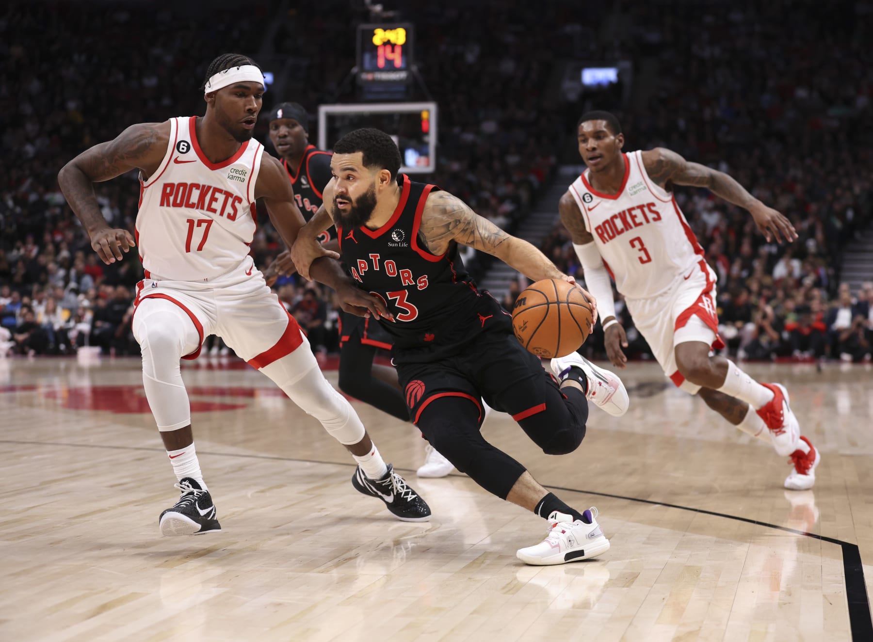TORONTO, ON - November 9   In first half action, Toronto Raptors guard Fred VanVleet (23) works some offence.
The Toronto Raptors took on the Houston Rockets in NBA basketball action at the Scotiabank Arena in Toronto.
November 9 2022        (Richard Lautens/Toronto Star via Getty Images)