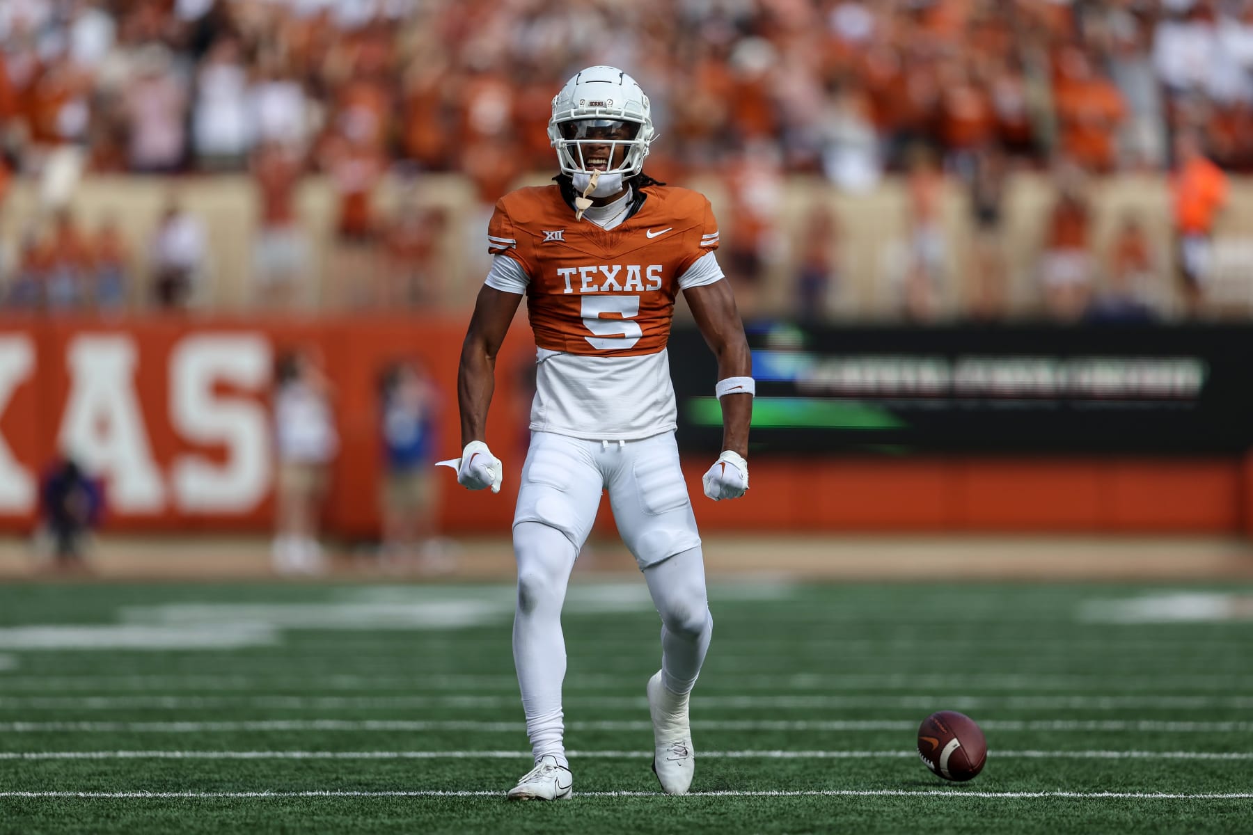 AUSTIN, TEXAS - NOVEMBER 04: Adonai Mitchell #5 of the Texas Longhorns reacts after a reception in the first quarter against the Kansas State Wildcats at Darrell K Royal-Texas Memorial Stadium on November 04, 2023 in Austin, Texas. (Photo by Tim Warner/Getty Images)