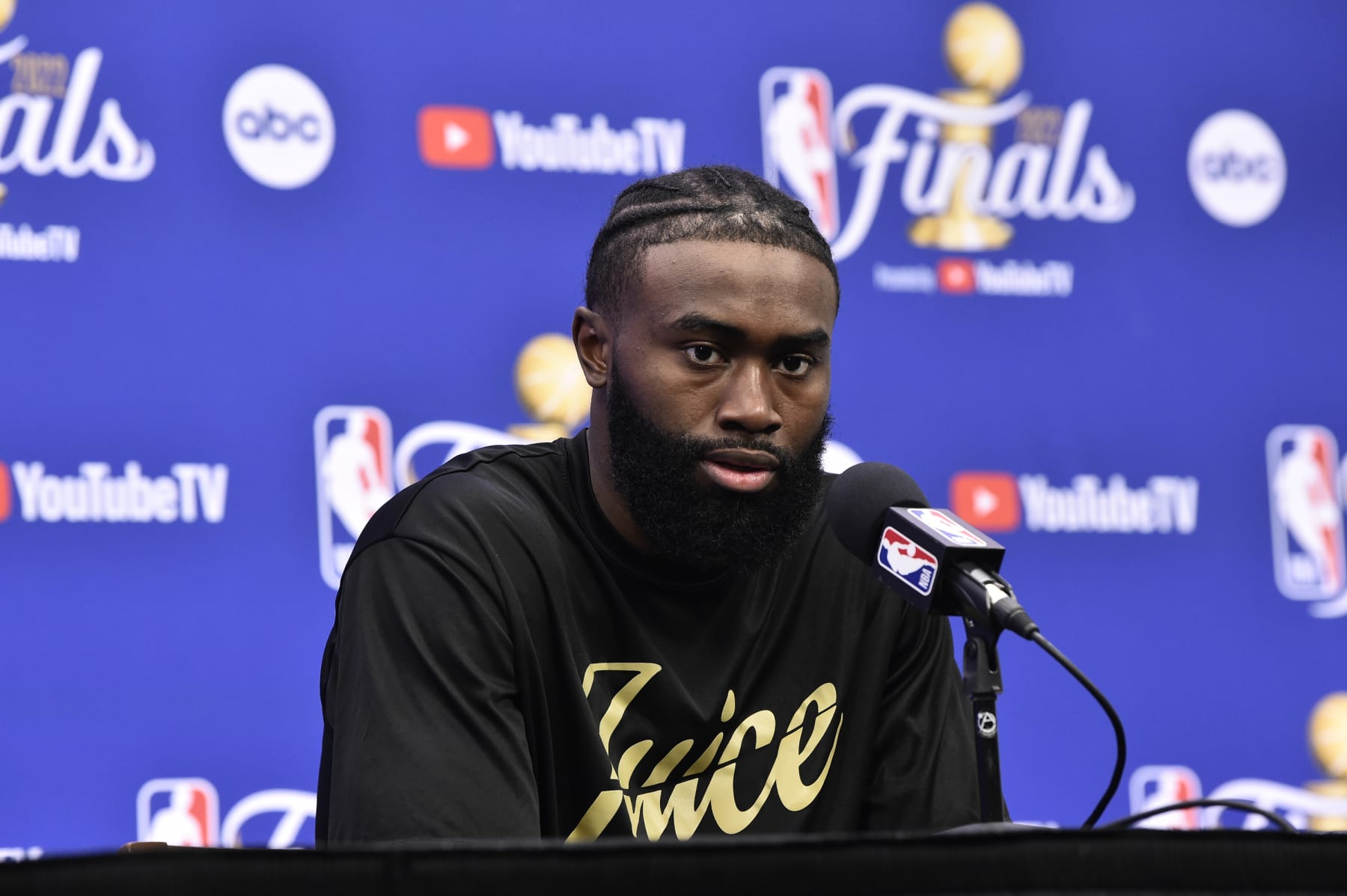 SAN FRANCISCO, CA - JUNE 7: Jaylen Brown #7 of the Boston Celtics speaks to the media during practice and media availability as part of the 2022 NBA Finals on June 7, 2022 at TD Garden in Boston, Massachusetts. NOTE TO USER: User expressly acknowledges and agrees that, by downloading and or using this photograph, User is consenting to the terms and conditions of the Getty Images License Agreement. Mandatory Copyright Notice: Copyright 2022 NBAE (Photo by David Dow/NBAE via Getty Images)