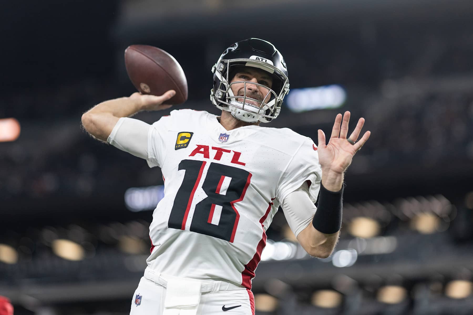 LAS VEGAS, NEVADA - DECEMBER 16: Kirk Cousins #18 of the Atlanta Falcons looks to pass during an NFL Football game against the Las Vegas Raiders at Allegiant Stadium on December 16, 2024 in Las Vegas, Nevada. (Photo by Michael Owens/Getty Images)