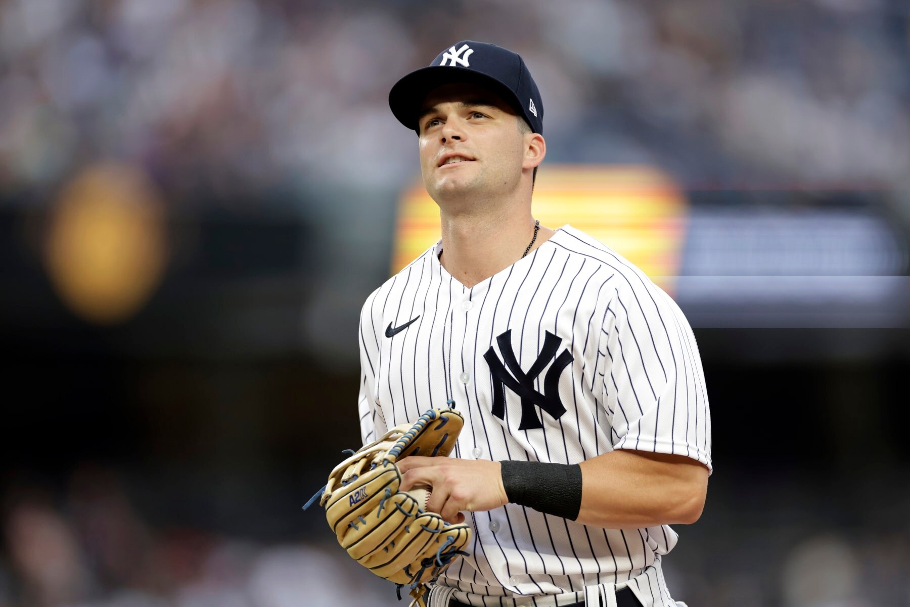 NEW YORK, NY - JULY 28: Andrew Benintendi #18 of the New York Yankees runs off the field against the Kansas City Royals during the first inning at Yankee Stadium on July 28, 2022 in New York City. (Photo by Adam Hunger/Getty Images)