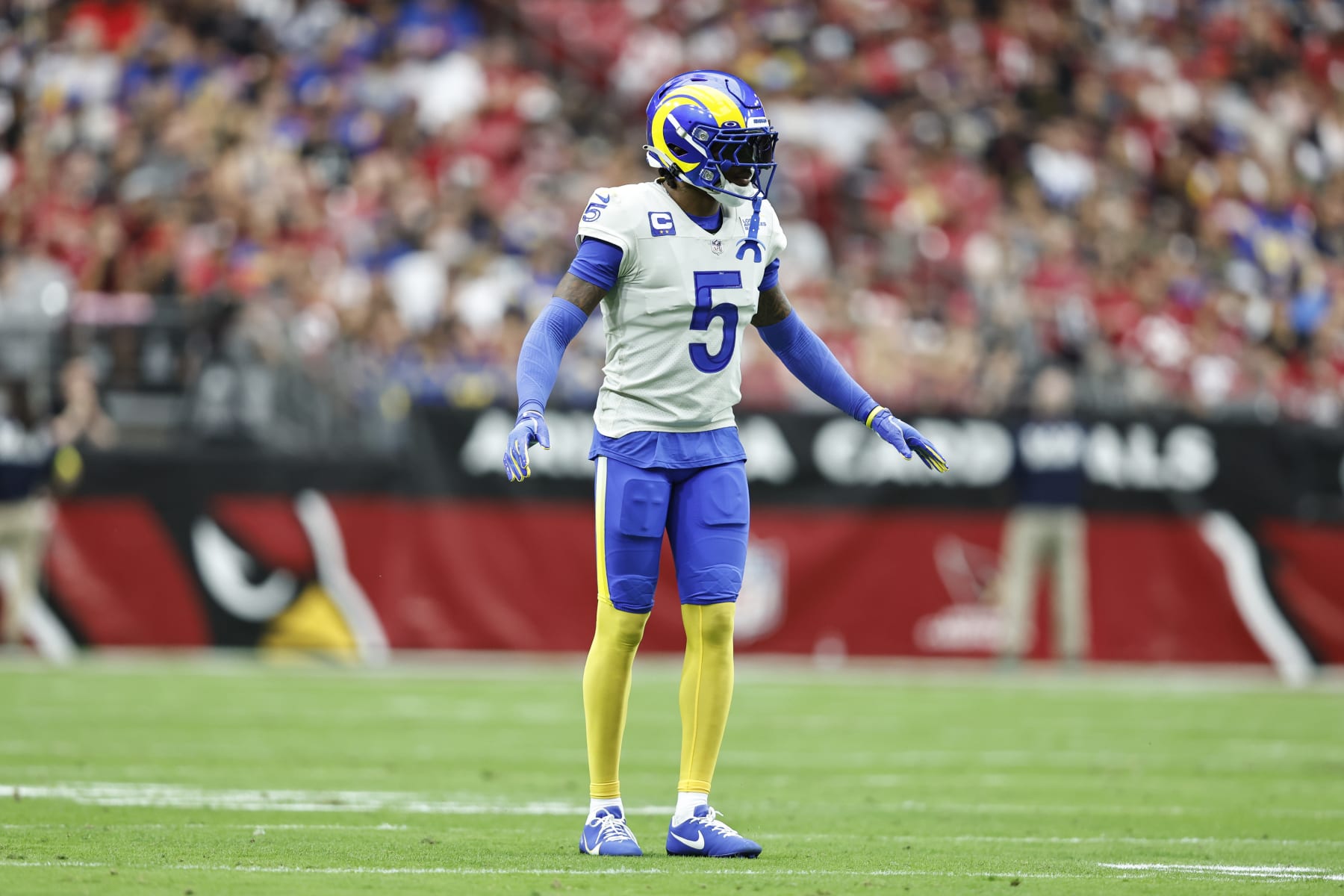 GLENDALE, ARIZONA - SEPTEMBER 25: Jalen Ramsey #5 of the Los Angeles Rams lines up during an NFL football game between the Arizona Cardinals and the Los Angeles Rams at State Farm Stadium on September 25, 2022 in Glendale, Arizona. The Los Angeles Rams won 20-12. (Photo by Michael Owens/Getty Images)